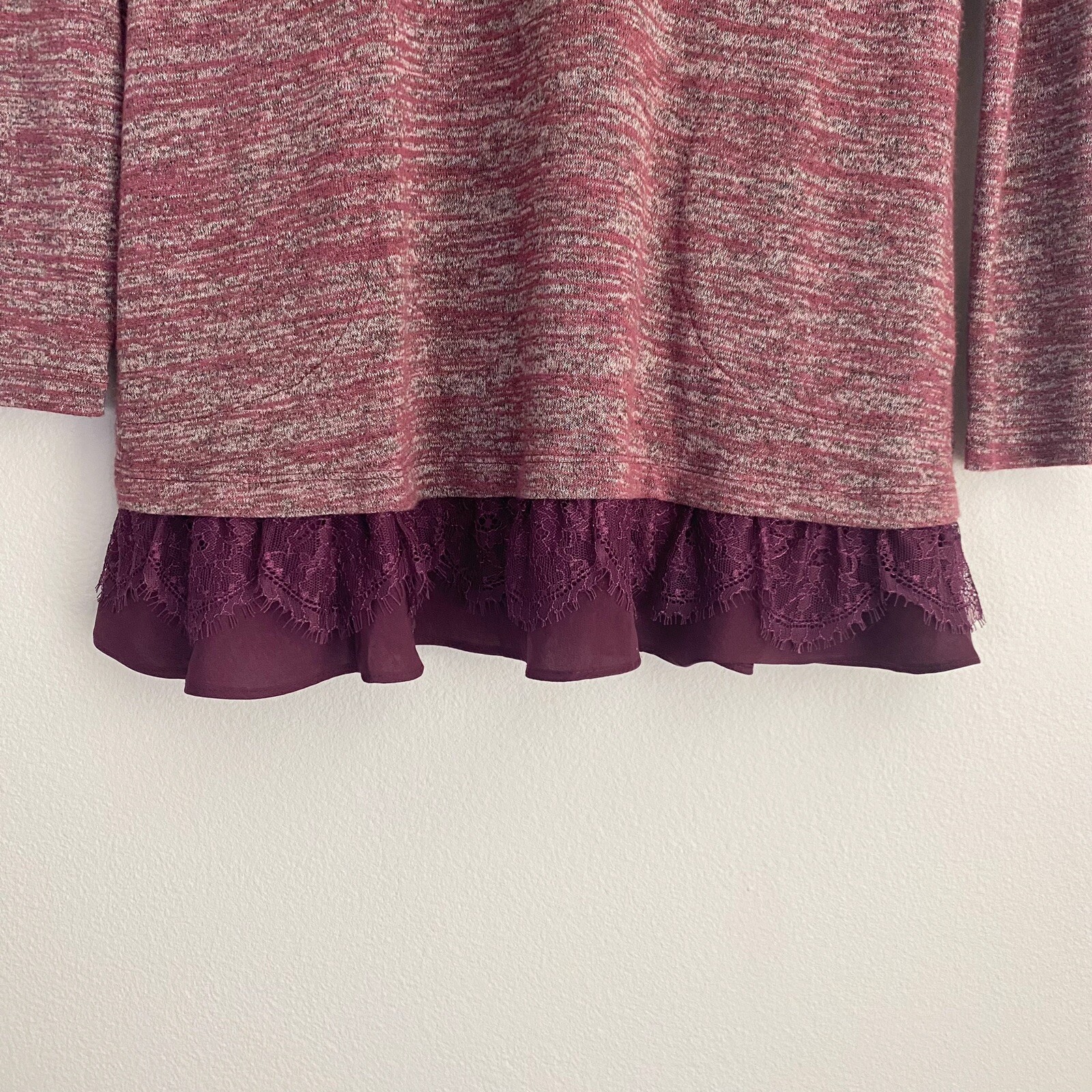 LOGO Lori Goldstein Layered Lace Hem Long Sleeve Marled Knit Tunic XS (2/4) Plum