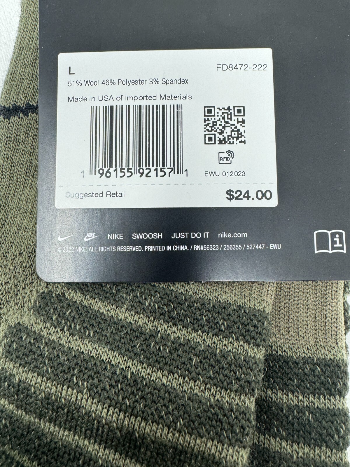 NEW $24 NIKE OUTDOOR WOOL BLEND CREW SOCKS Olive Green FD8472-222 LARGE MEN 8-12