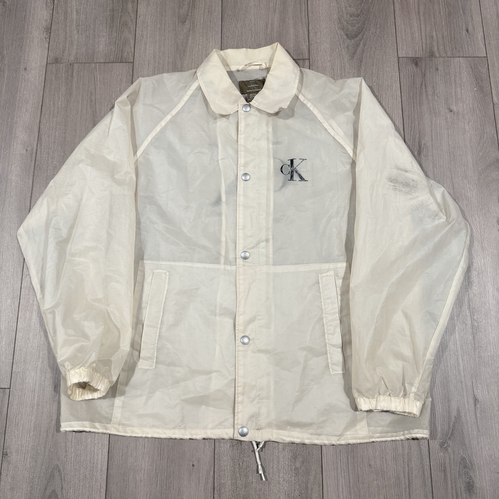 VTG RARE Calvin Klein Rain Jacket Mens Large Hood Clear Transparent Plastic PVC