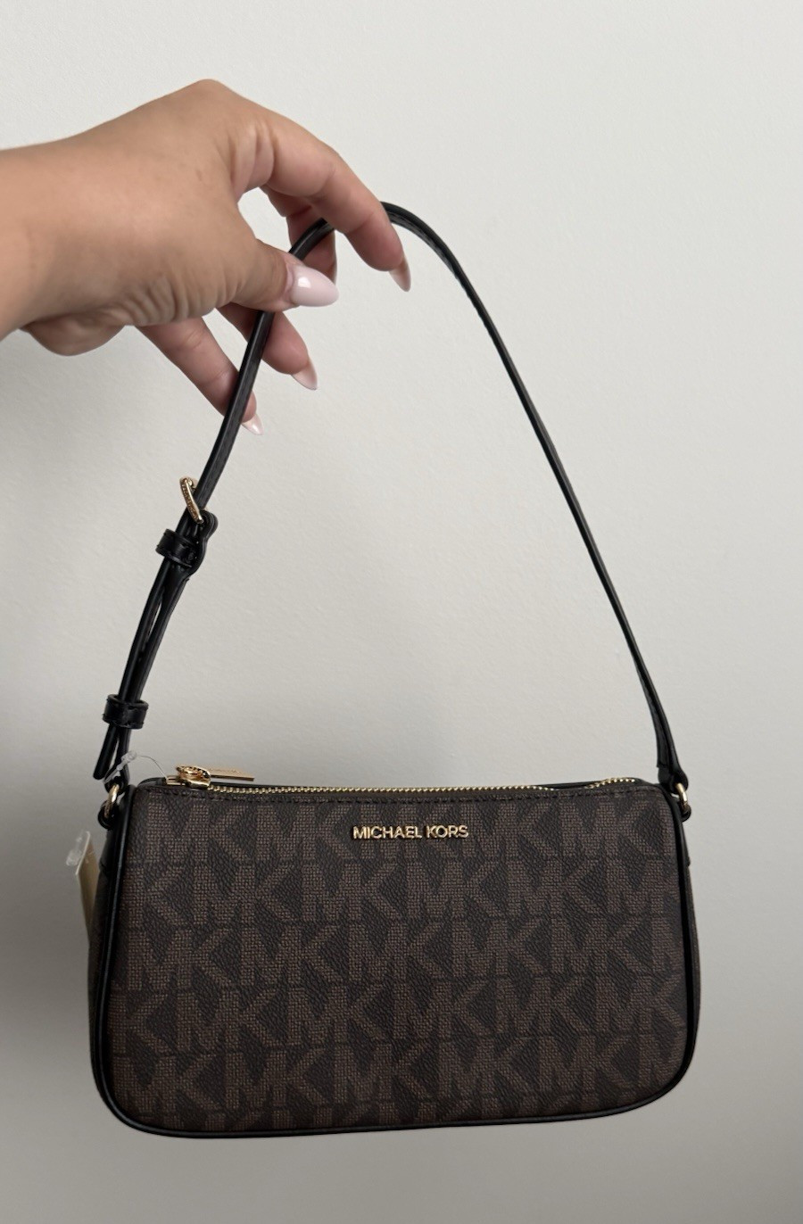 Michael Kors MK Monogram Small Zip Shoulder Bag Brown/Black Gold Det Strap