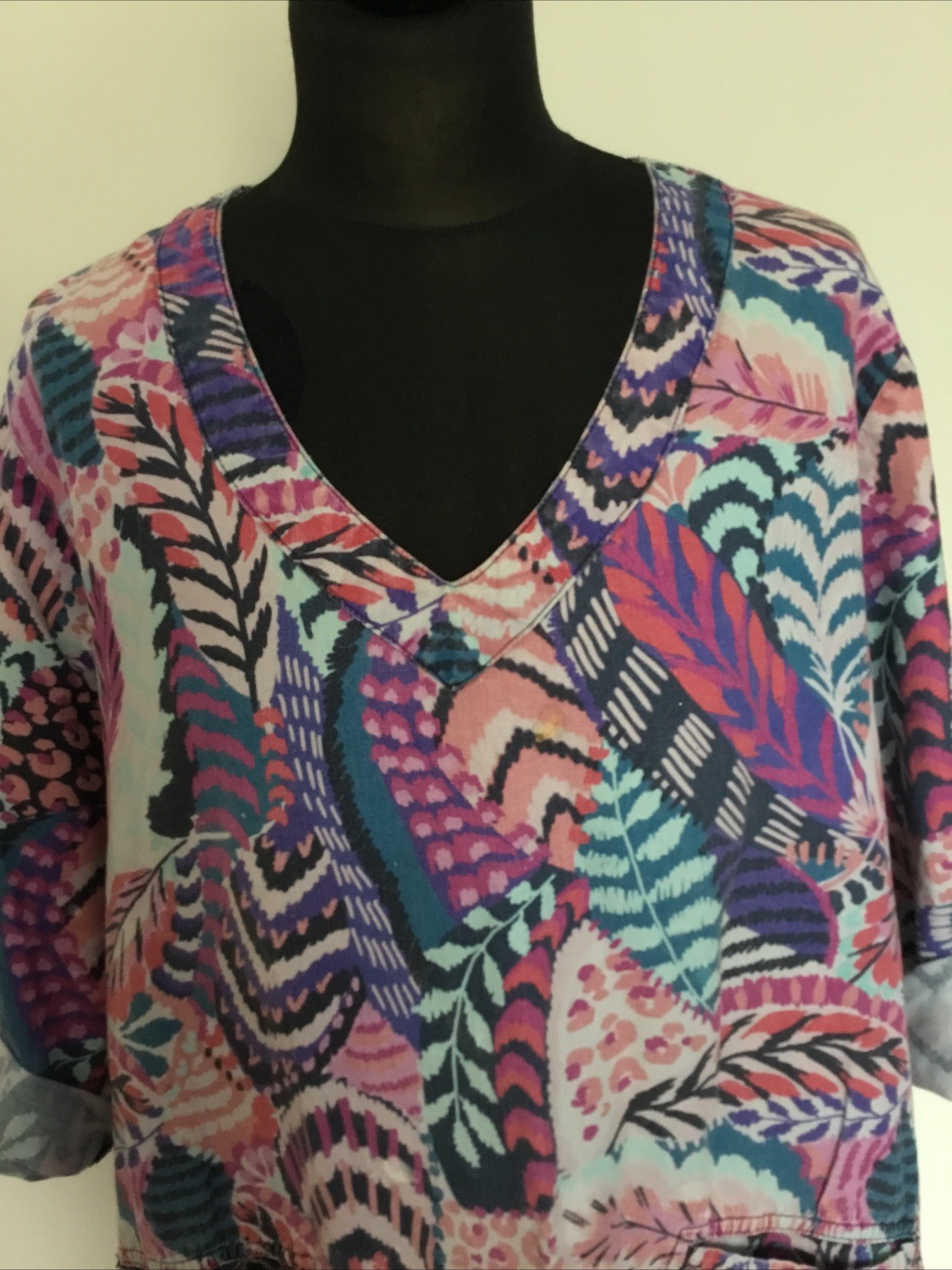 BOX2 UK 18-20 Multicoloured Cotton /Linen Swing Tunic Top With Two Front Pockets