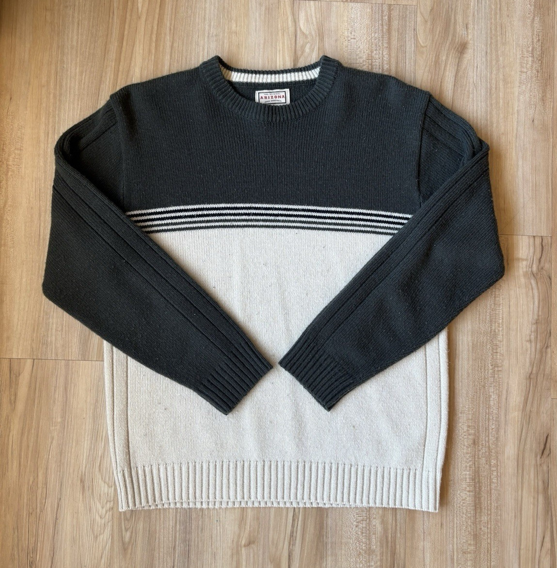 90s Arizona Jean Company Men’s M Regular Striped Gray Beige Crewneck Sweater