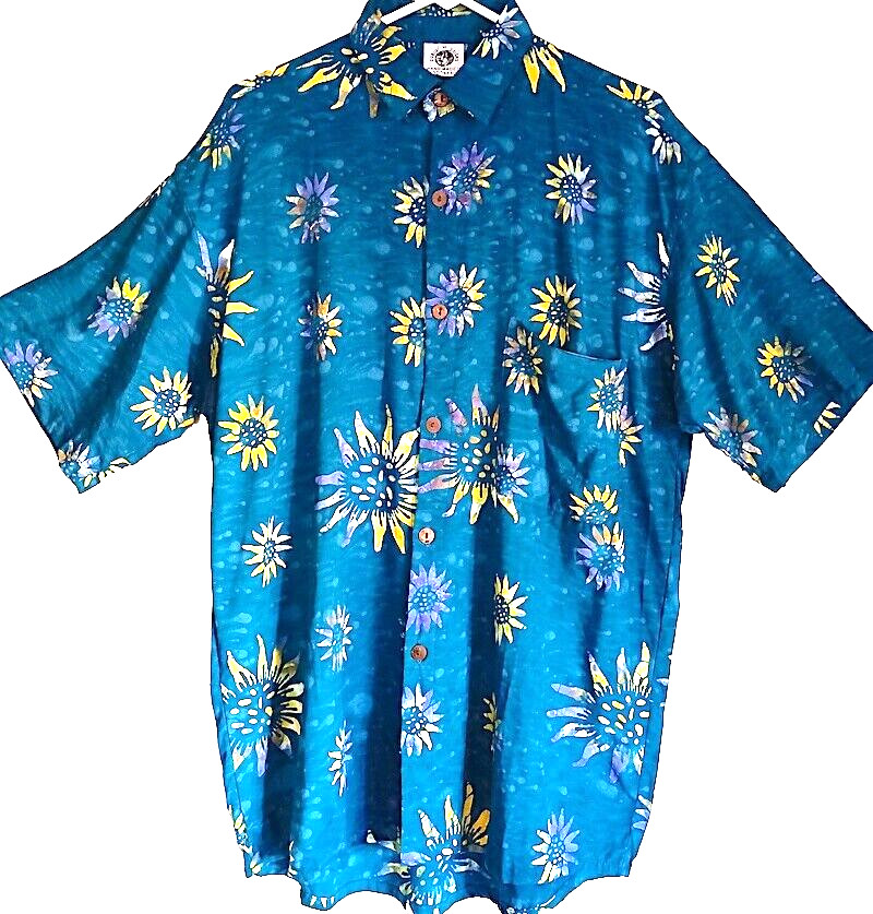 Shirt, Unisex, Batiked Sunflowers, Men’s Large, Coconut Buttons, Collar