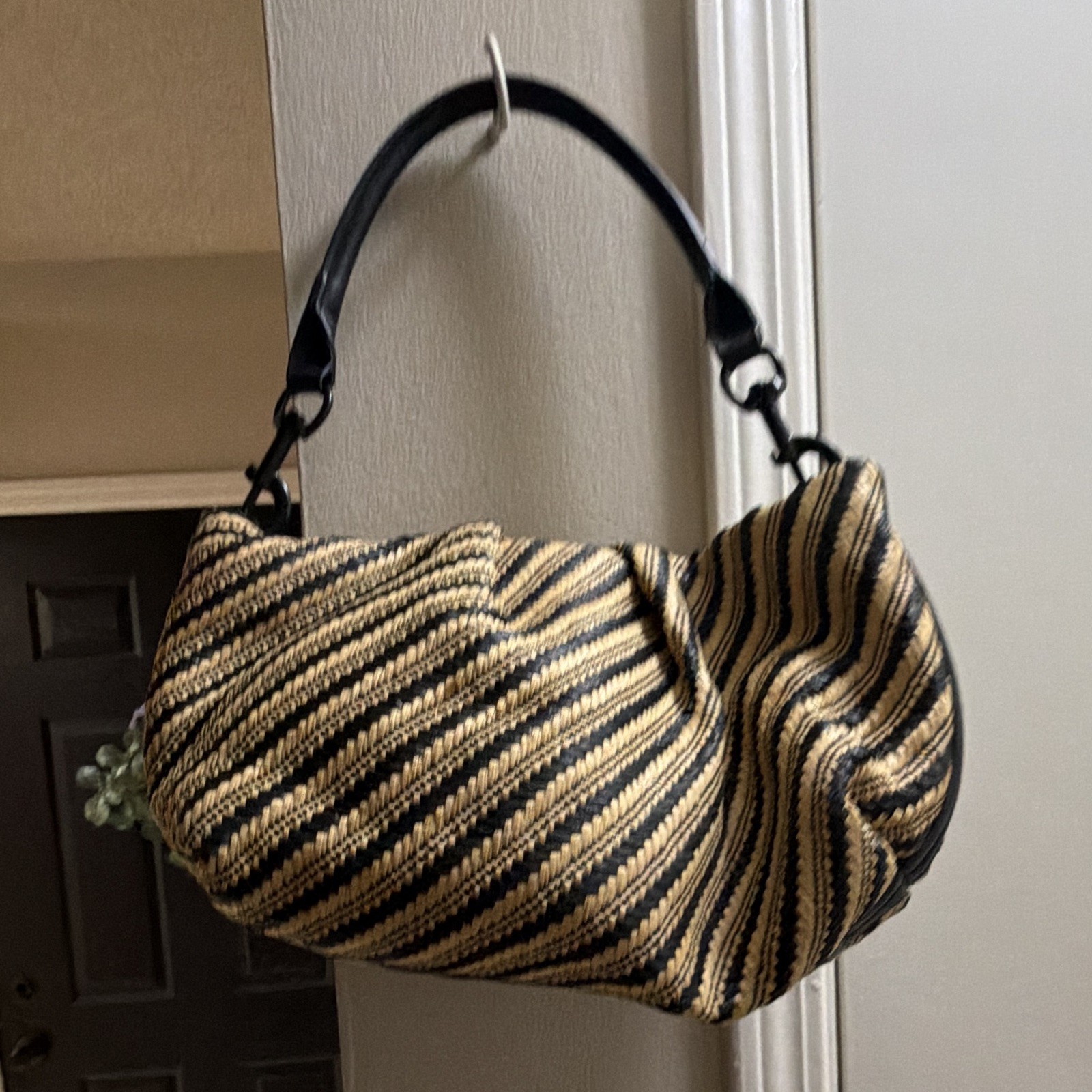 Think Royln Black Beige Striped Shoulder Bag Zip Closure Braided Lined