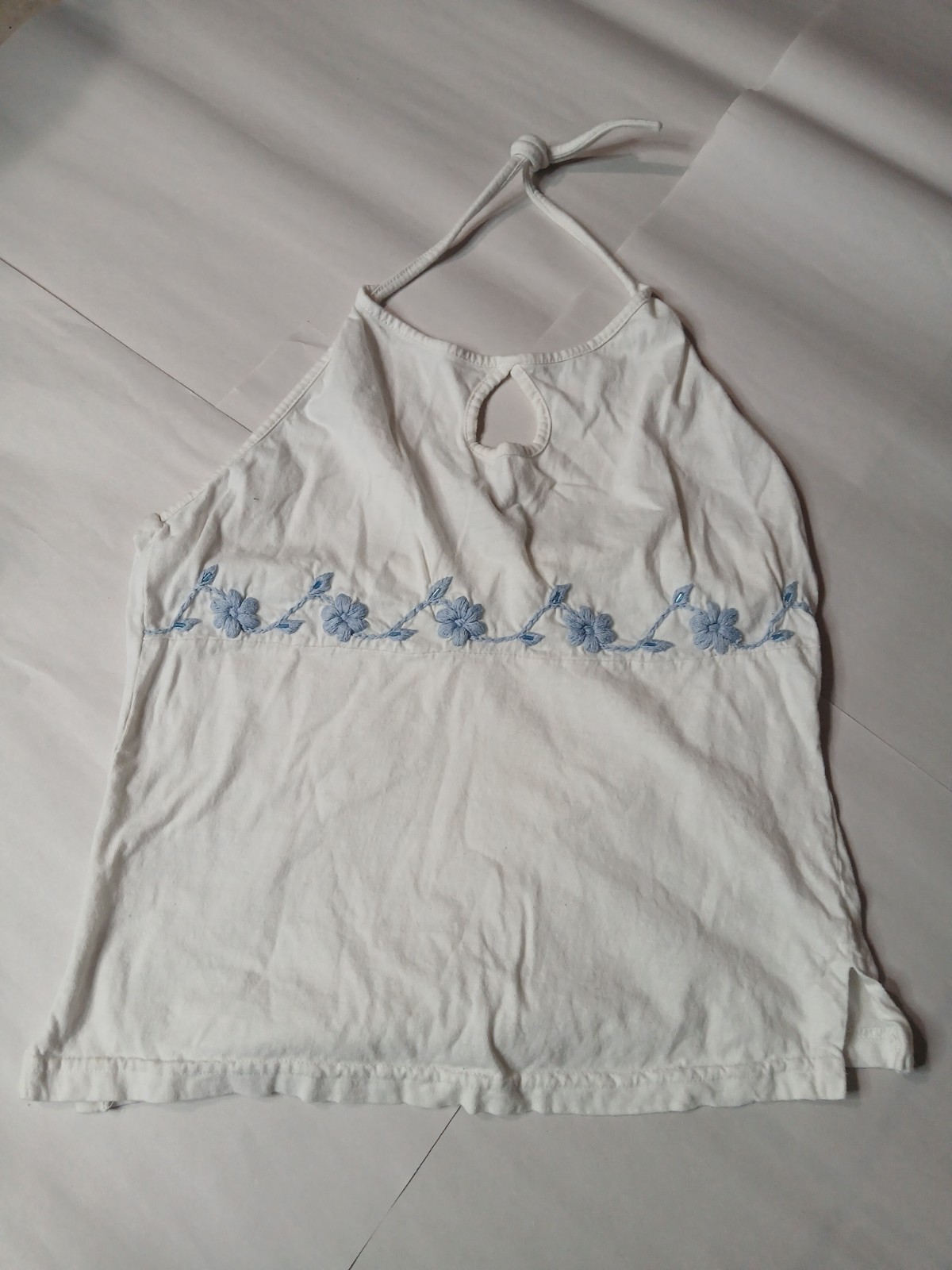 Funky People M Tank Halter White Blue Embroidered Flowers Y2K 90’s