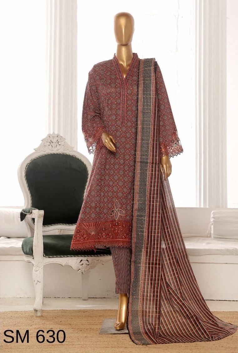 Bin Saeed Lawn Cotton 3 Pc Suit-premium Cut Work Emb- Aline Style-M – $44