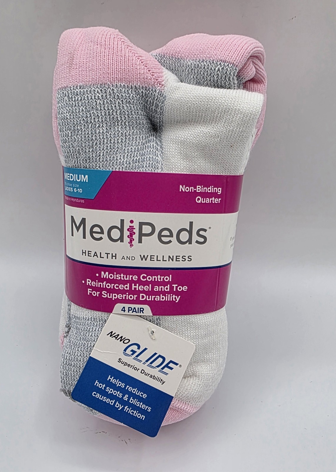 MediPeds Woman’s NanoGLIDE Non-Binding Quarter Socks 4 Pack Medium