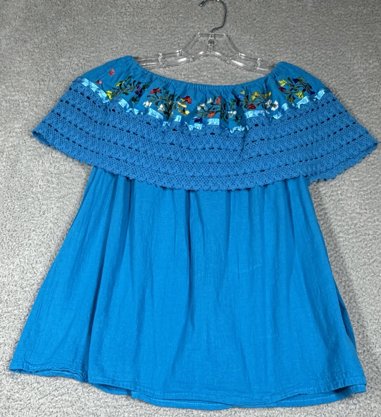 Mexican Blouse Blue Womens L / XL Floral Embroidery Lace Trim Off The Shoulder