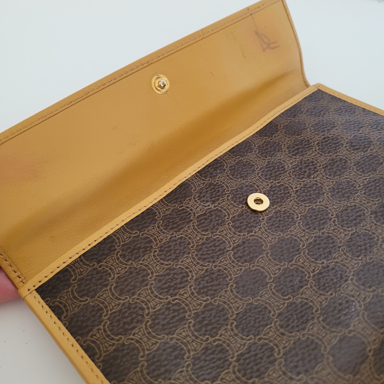 Celine Vintage Macadam Monogram Long Wallet Brown Tan Leather Made in Italy
