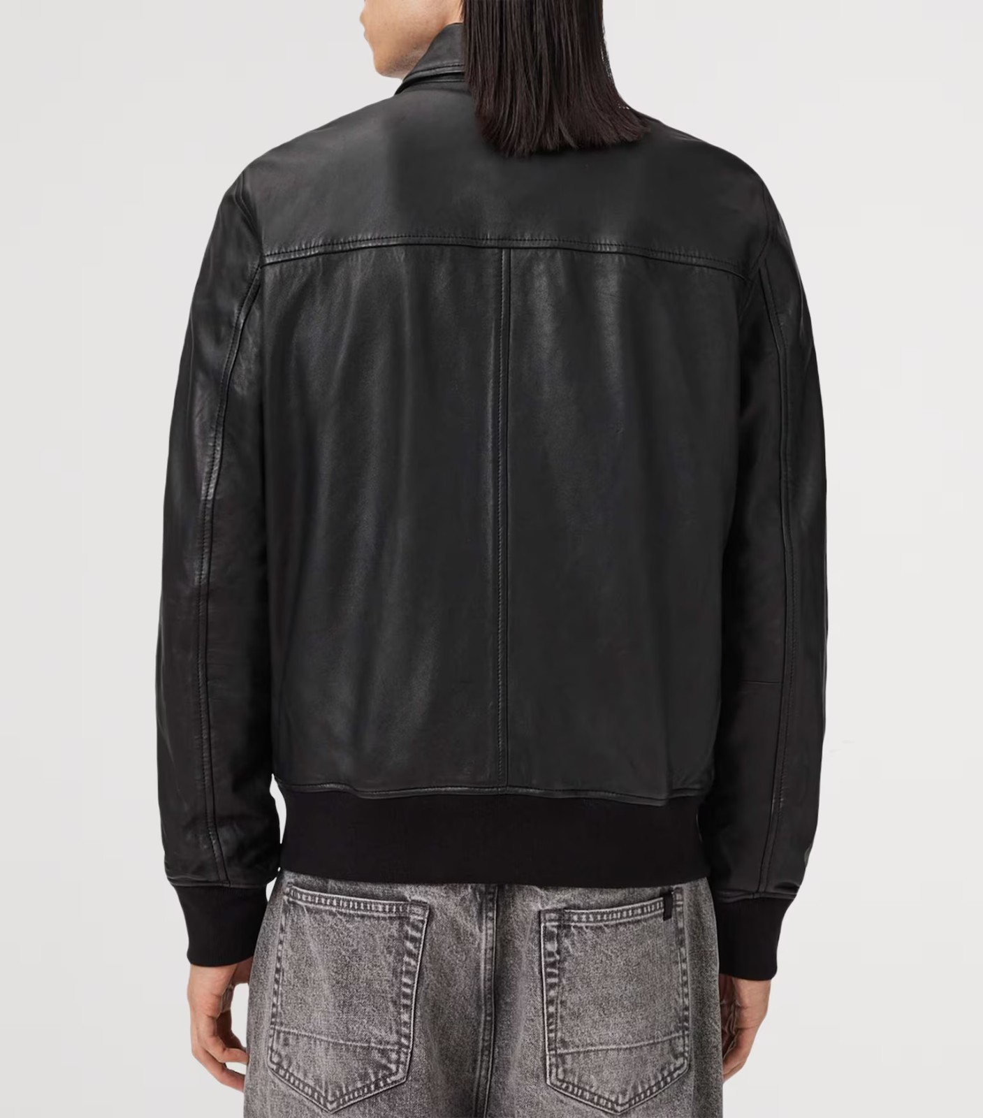 Men’s Black Classic Spread Collar Ribbed Cuff Sheepskin Leather Jacket for Men