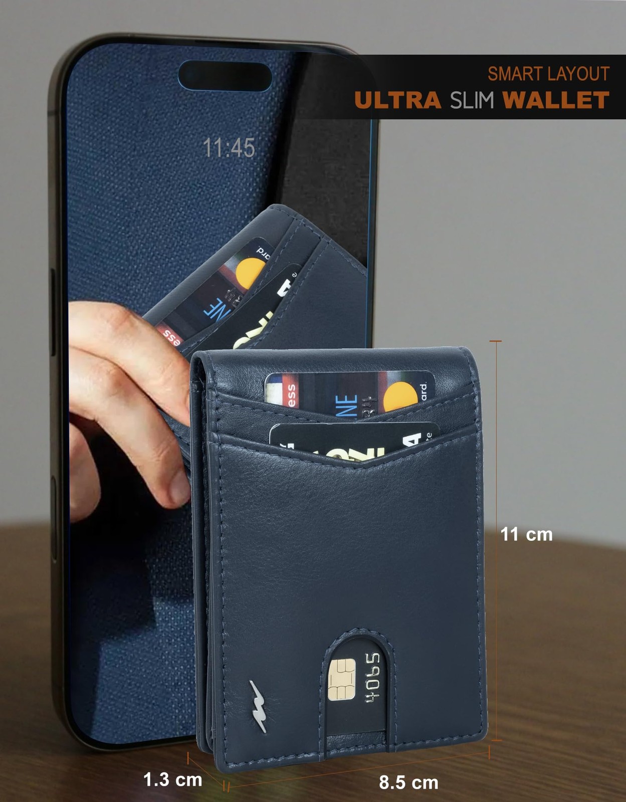 Marc Peter Wallet for Men Slim Bifold RFID Blocking 10.5×8.2×1.3 cm, Navy