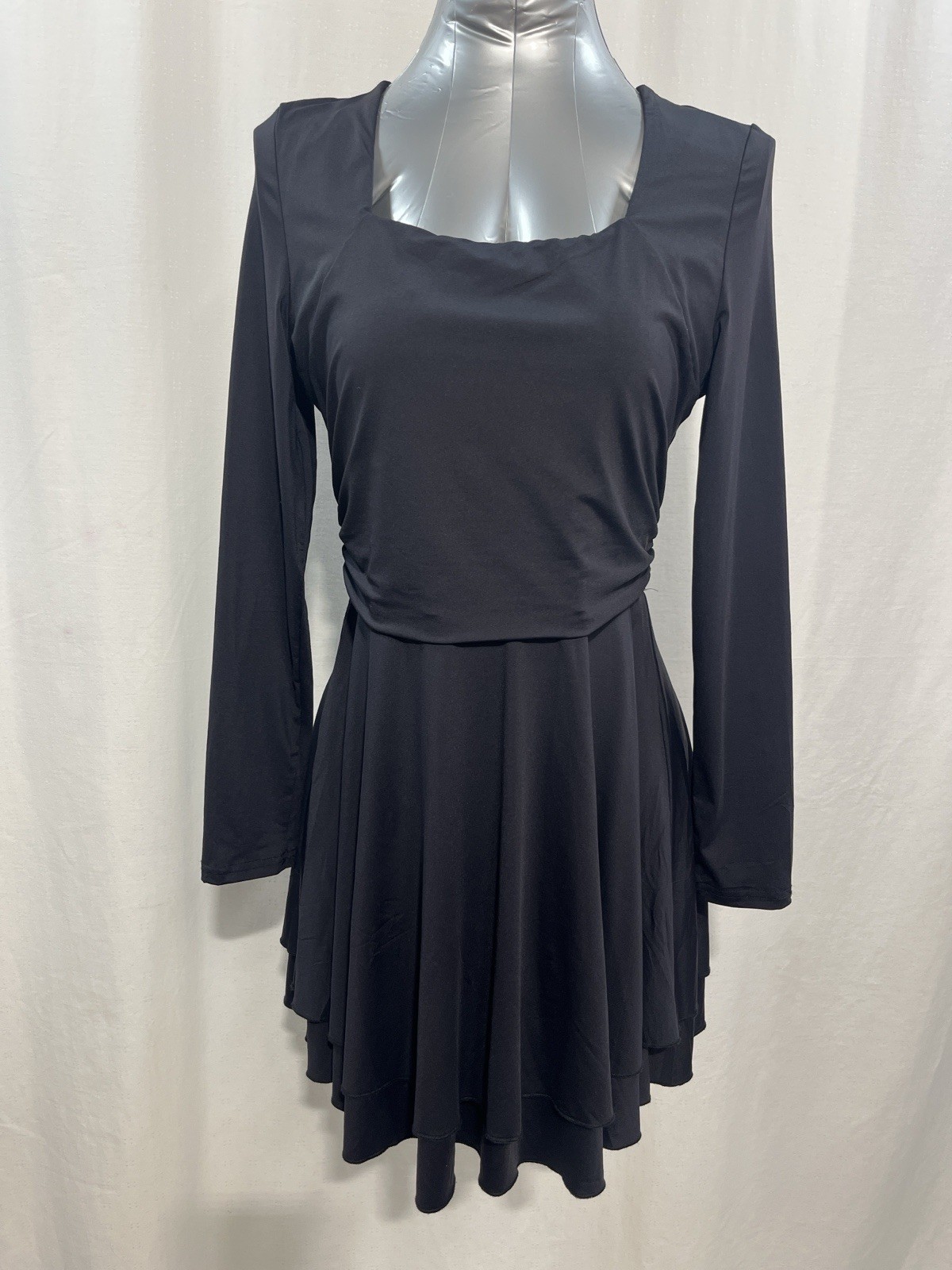 Black Long-Sleeve Skater Dress rouched double hem work school prom party 1250