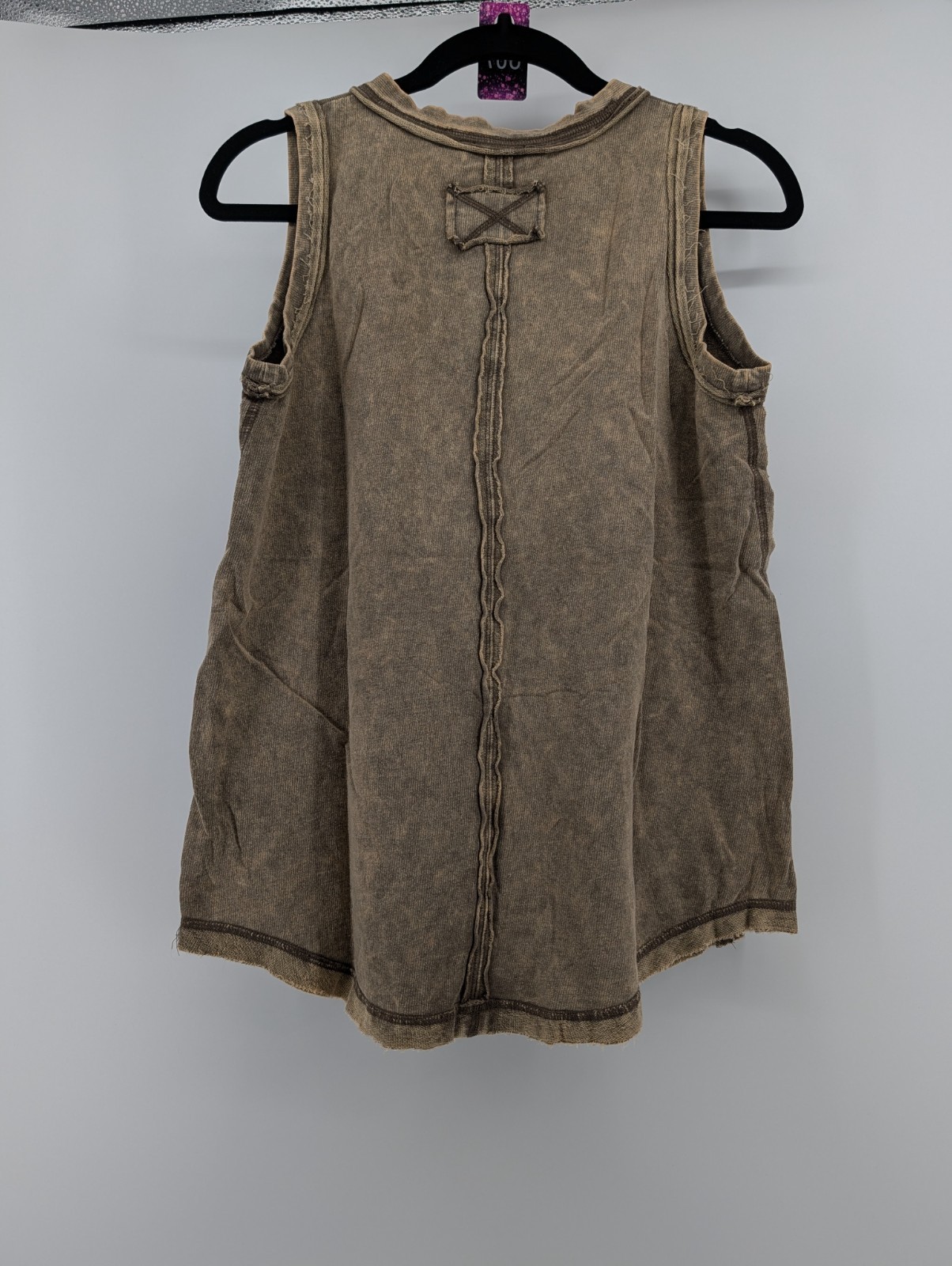 387 -ZENANA 5251 Color Washed Henley Tank top Tunic Raw Edge Exposed Seam Mocha