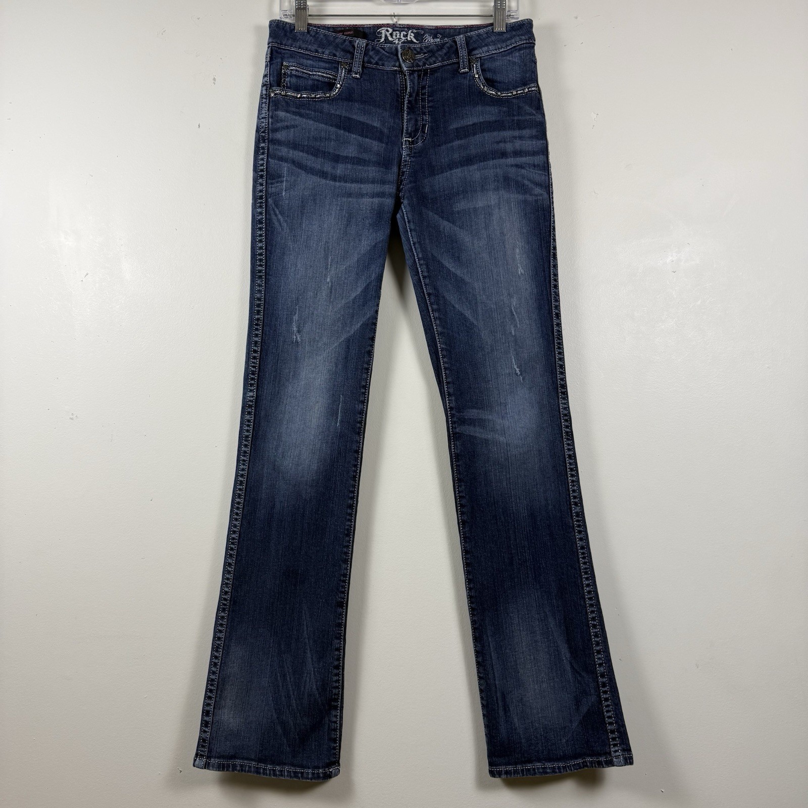 Wrangler Rock 47 Low Rise Bootcut Jeans SZ 7×34 Western Embellished Distressed