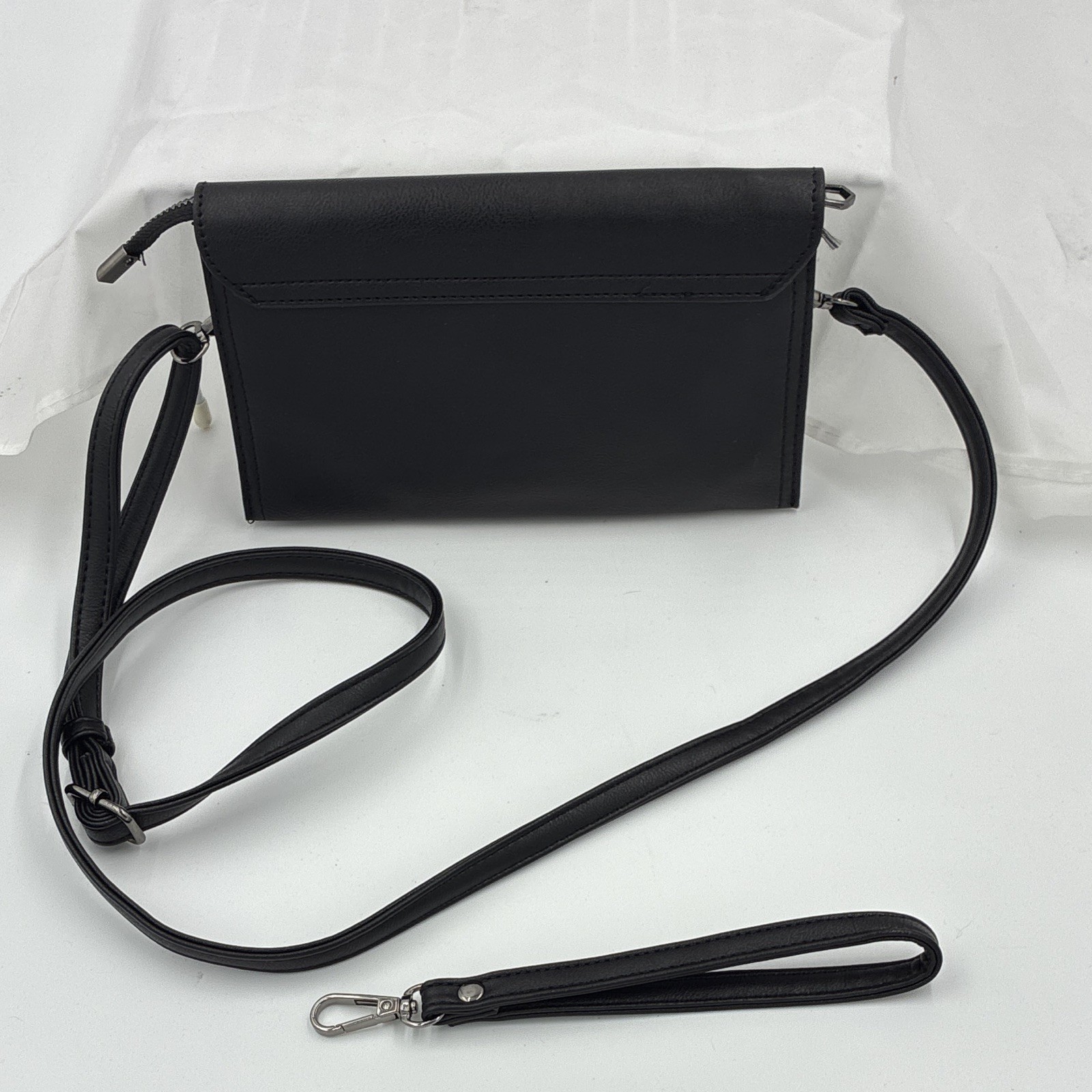 Women’s Black Small Crossbody Bag, Silver Hardware, Push Lock, Zip
