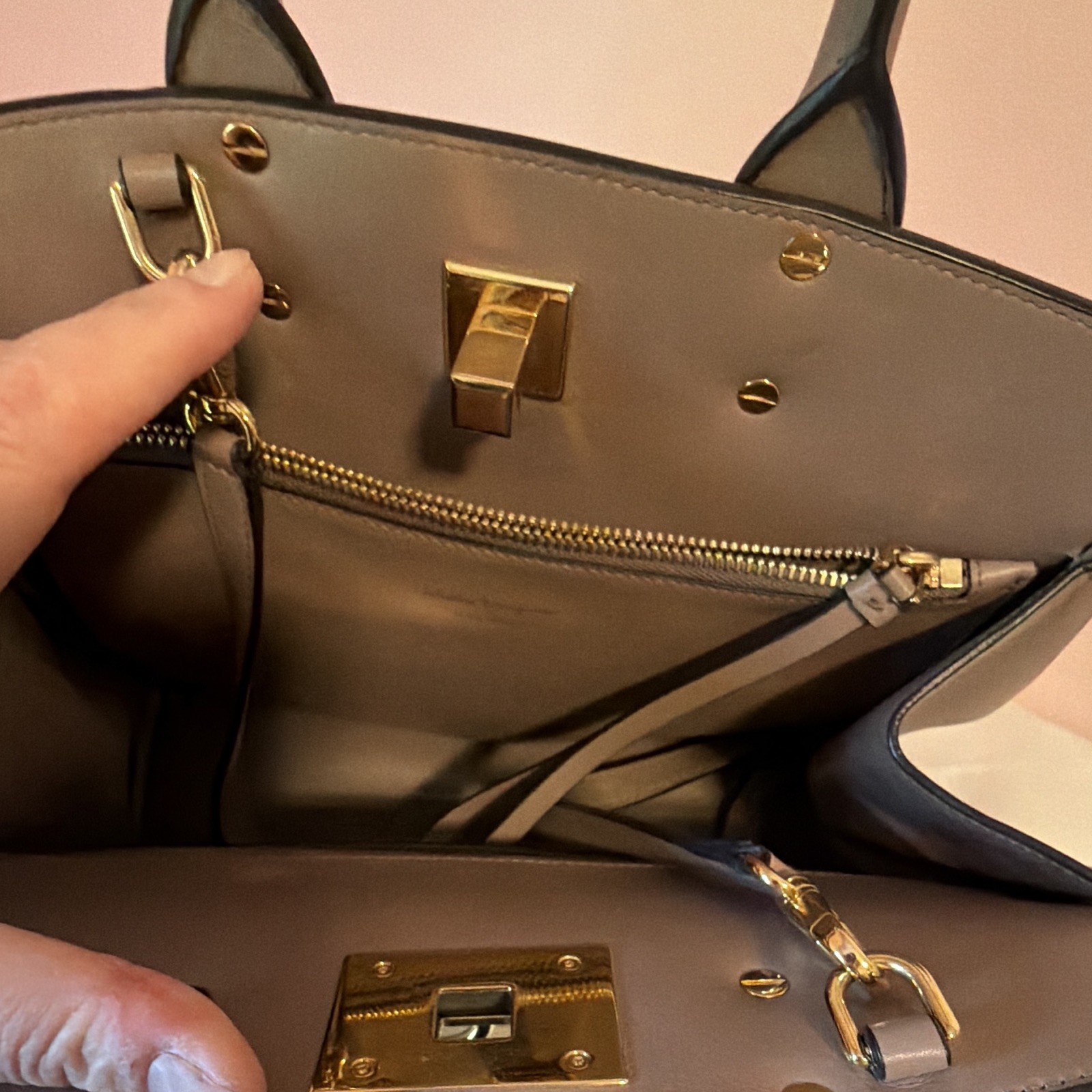 Salvatore Ferragamo The Studio Taupe Satchel Gold Hardware Detachable Strap