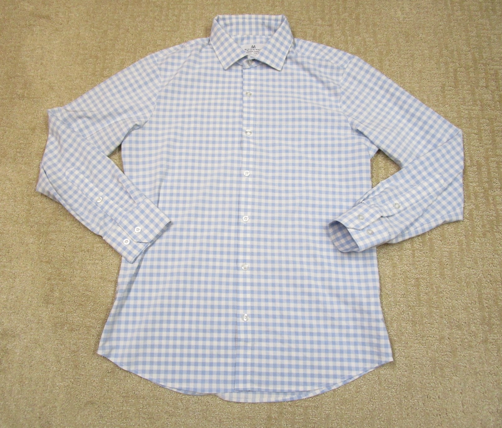 Mizzen Main Shirt Men Medium Blue White Gingham Check Trim Fit Long Sleeve USA
