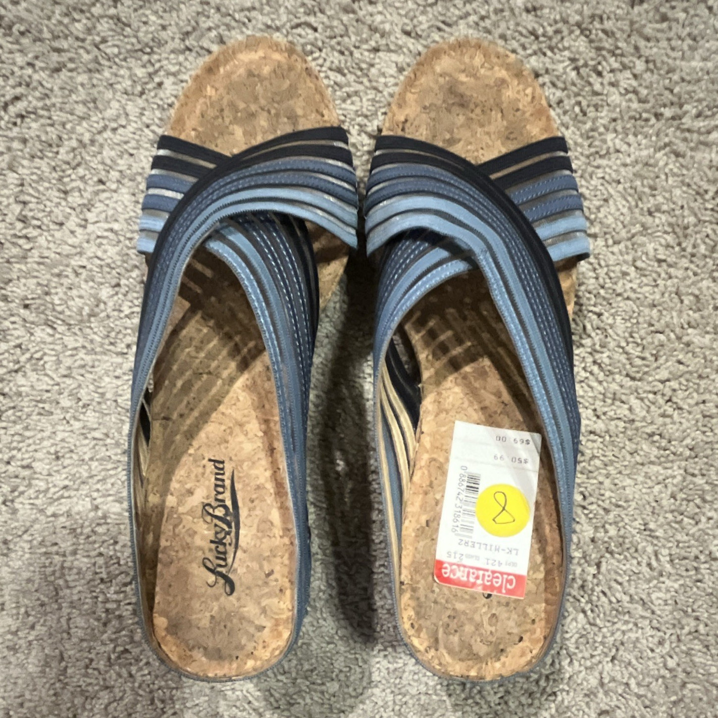 Lucky Brand Women’s Blue Striped Wedge Slide Sandals Studded Straps Size 8