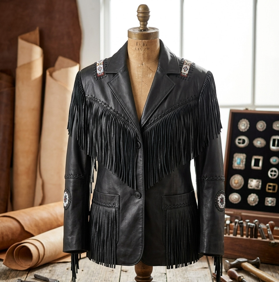 Men’s Black Real Leather Western Cowboy Jacket American Style Fringe Coat