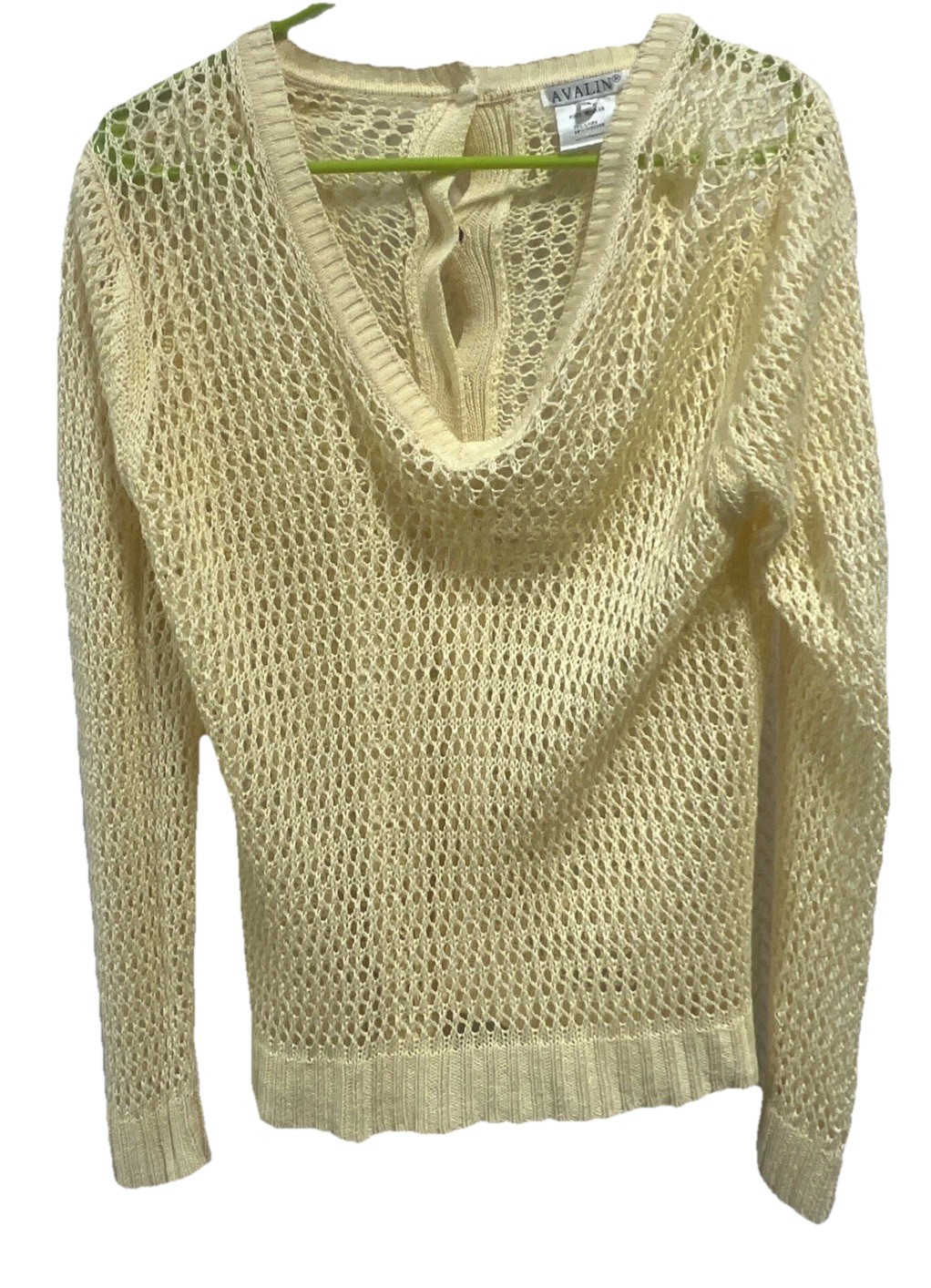Avalin Yellow Open Weave Mesh Sweater Linen Blend Button Back Boho Coastal L