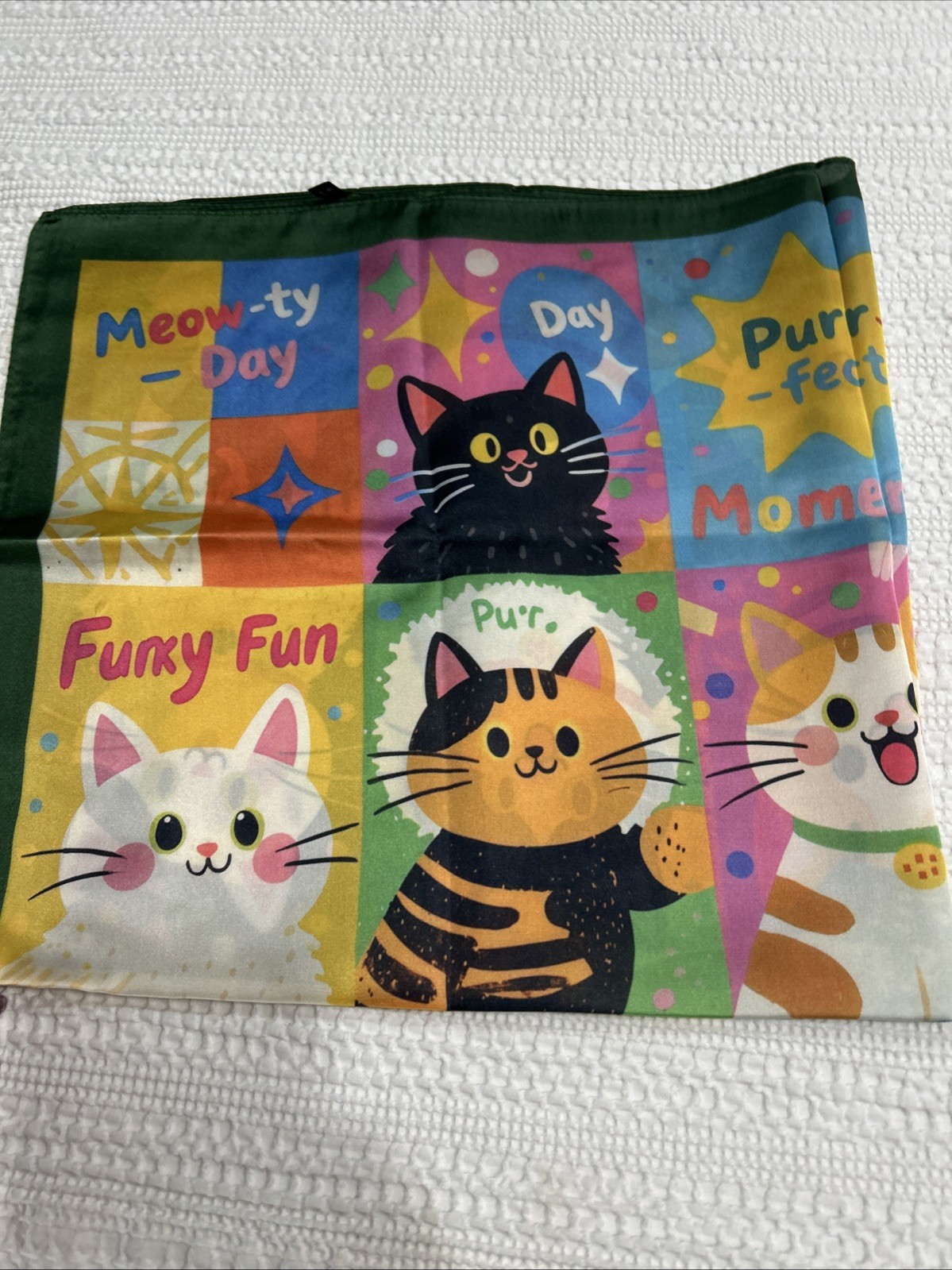 Colorful Cats Funky Fun 26” Square Scarf Floaty Green Border New Breeds Kitties