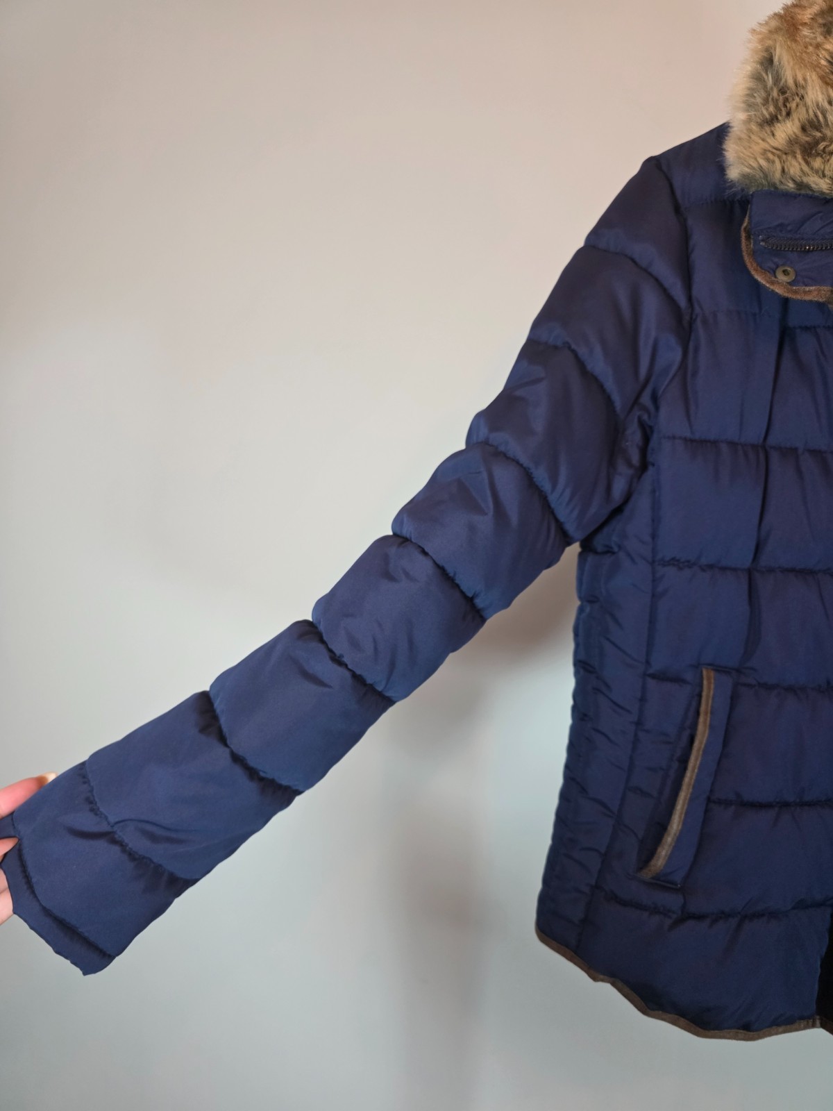 Old Navy Womens Large Navy Blue Puffer Jacket Faux Fur Collar Trim Quilted Coat