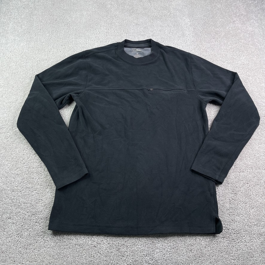 LL Bean Sweatshirt Mens Medium Tall Black Fleece Crewneck Pullover Zip Pocket