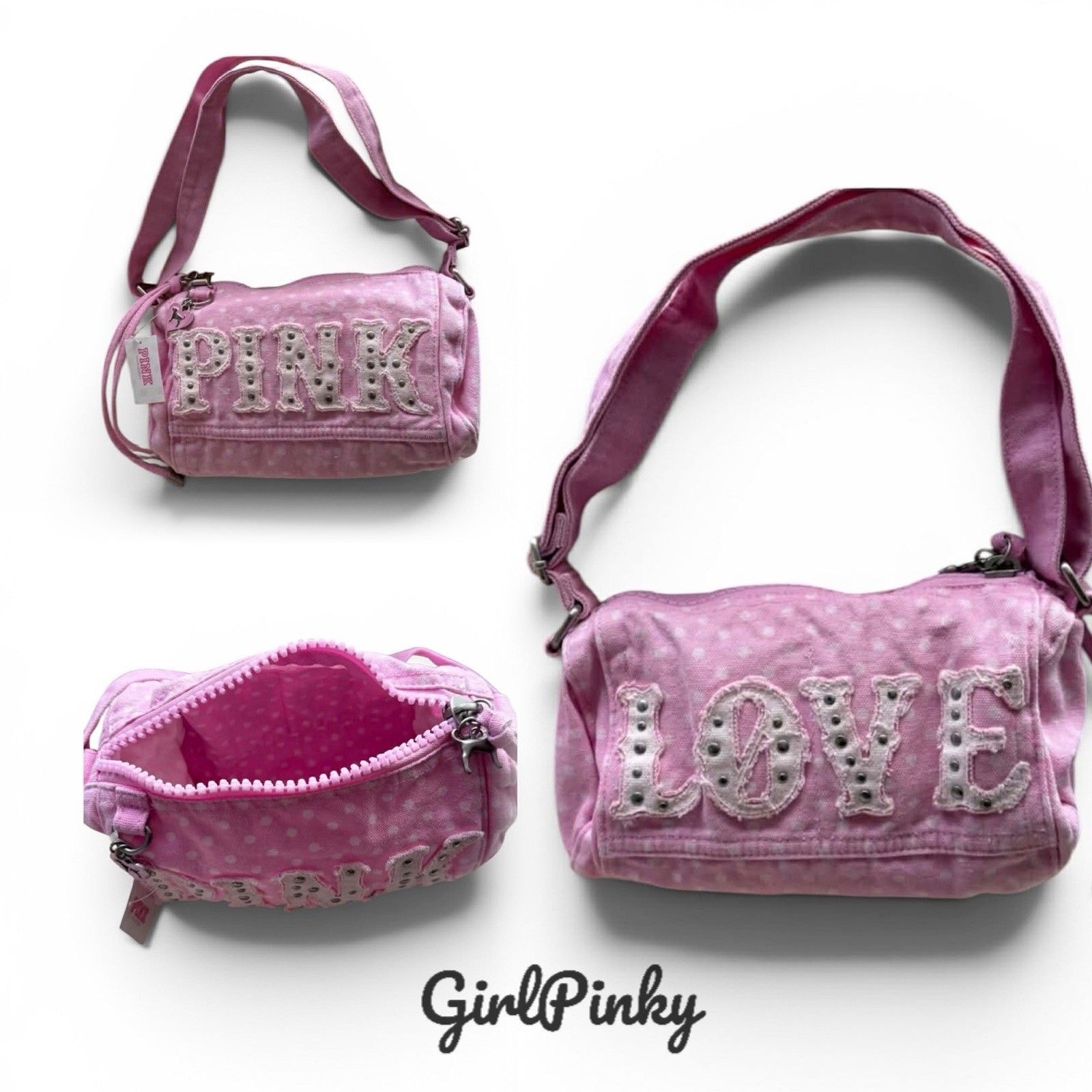VS PINK CANVAS CLASSIC PINK DOT ROLLED DUFFLE SHOULDER STYLE BAG NEW WITH TAGS!!