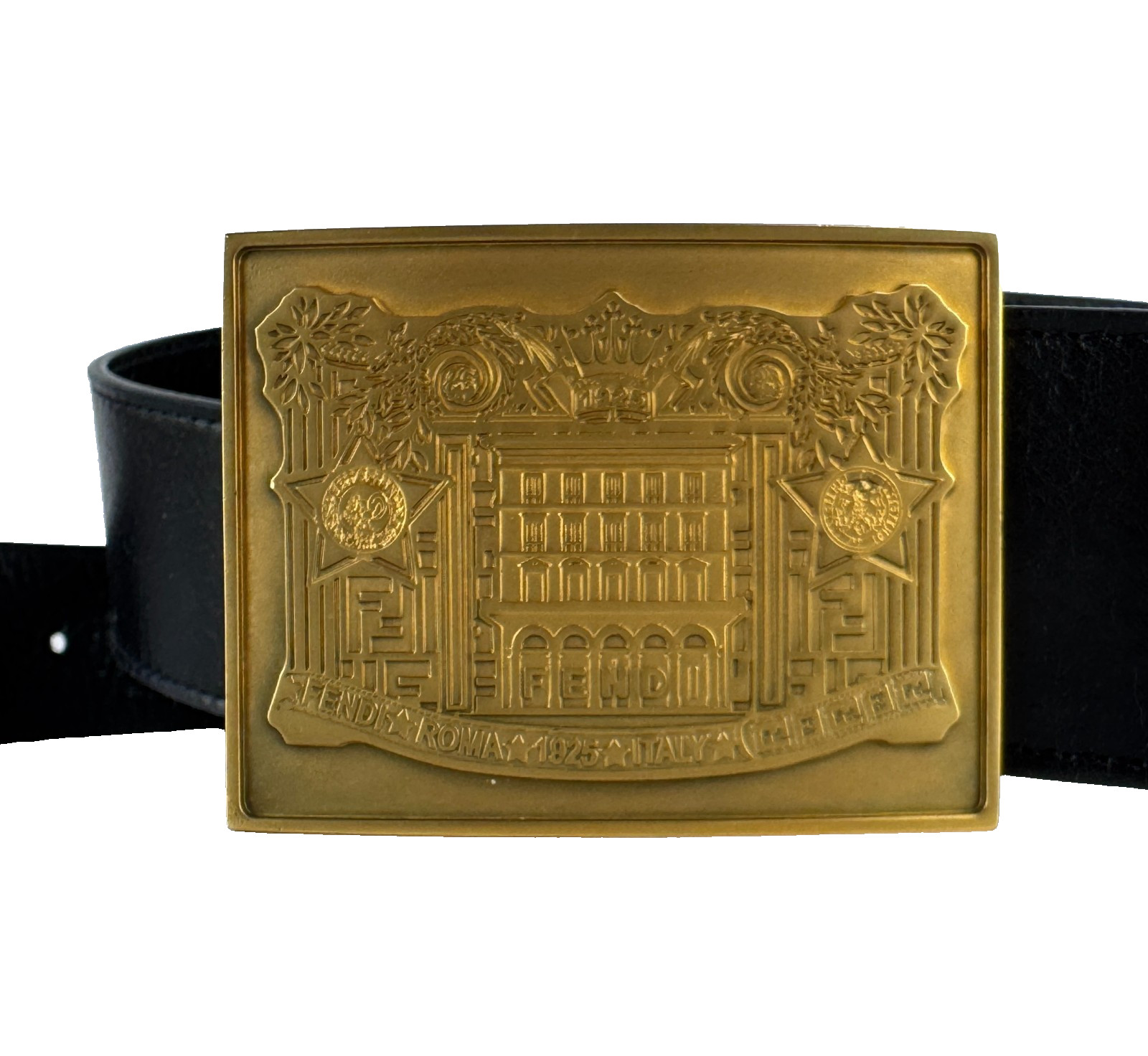 Fendi New Auth Women Black Leather Gold Tone Belt 75 cm 30 in Palazzo Buckle Bag
