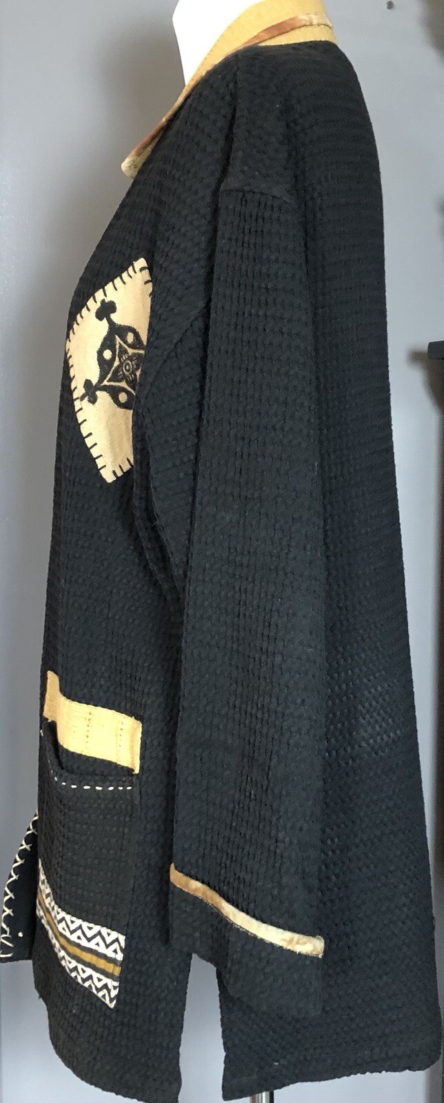 Vtg Waffle Knit Cardigan Jacket Women’s L Black Button Up Pockets Tribal Goth