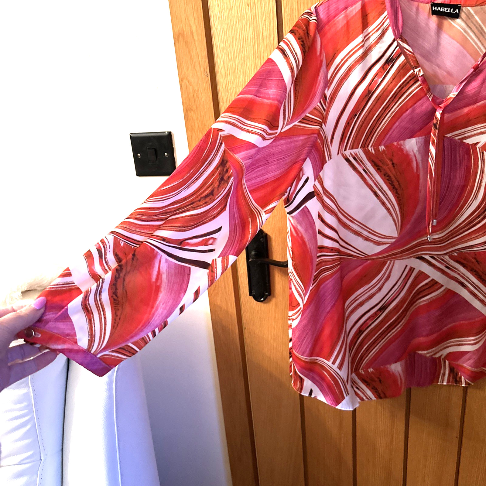 HABELLA Ladies silk feel stunning top neck tie UK20 Eur 46 Pink /Red/White