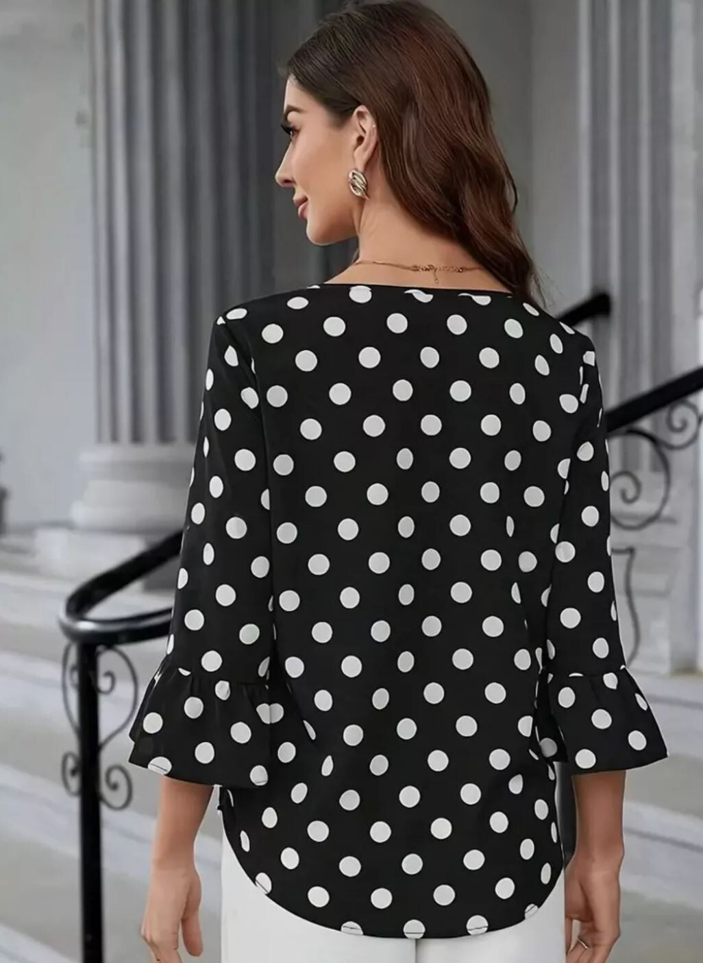 NWT Classic Black and White Polka Dot Bell Sleeve Blouse Sizes M, L, XL