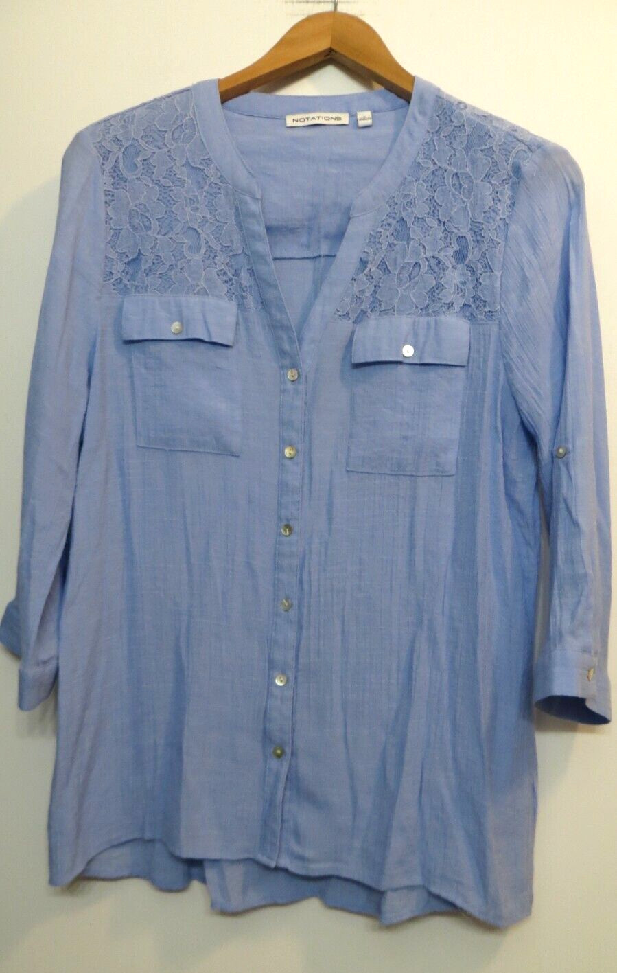 Notations Shirt Womens Large Blue Button Up 3/4 Convertible Sleeves Lace Accent