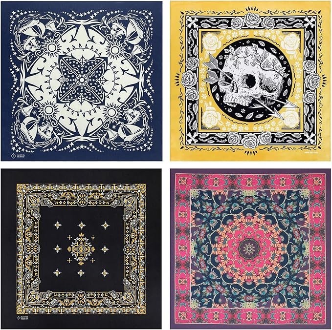 Bycc Bynn 4-Pack 100% Cotton Bandana Set, Vintage Graphic Print, 22×22 inches