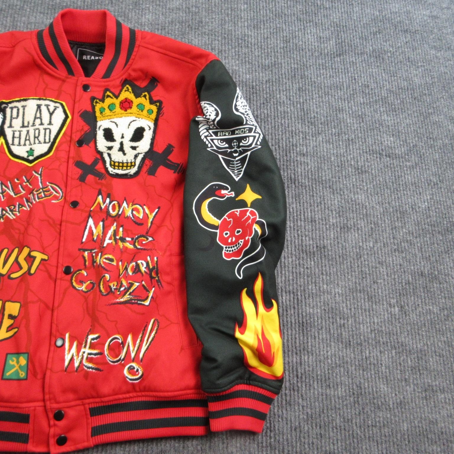 Reason Jacket Mens M Red Varsity Lined Pockets Embroidered Logo RER5-009 NWT