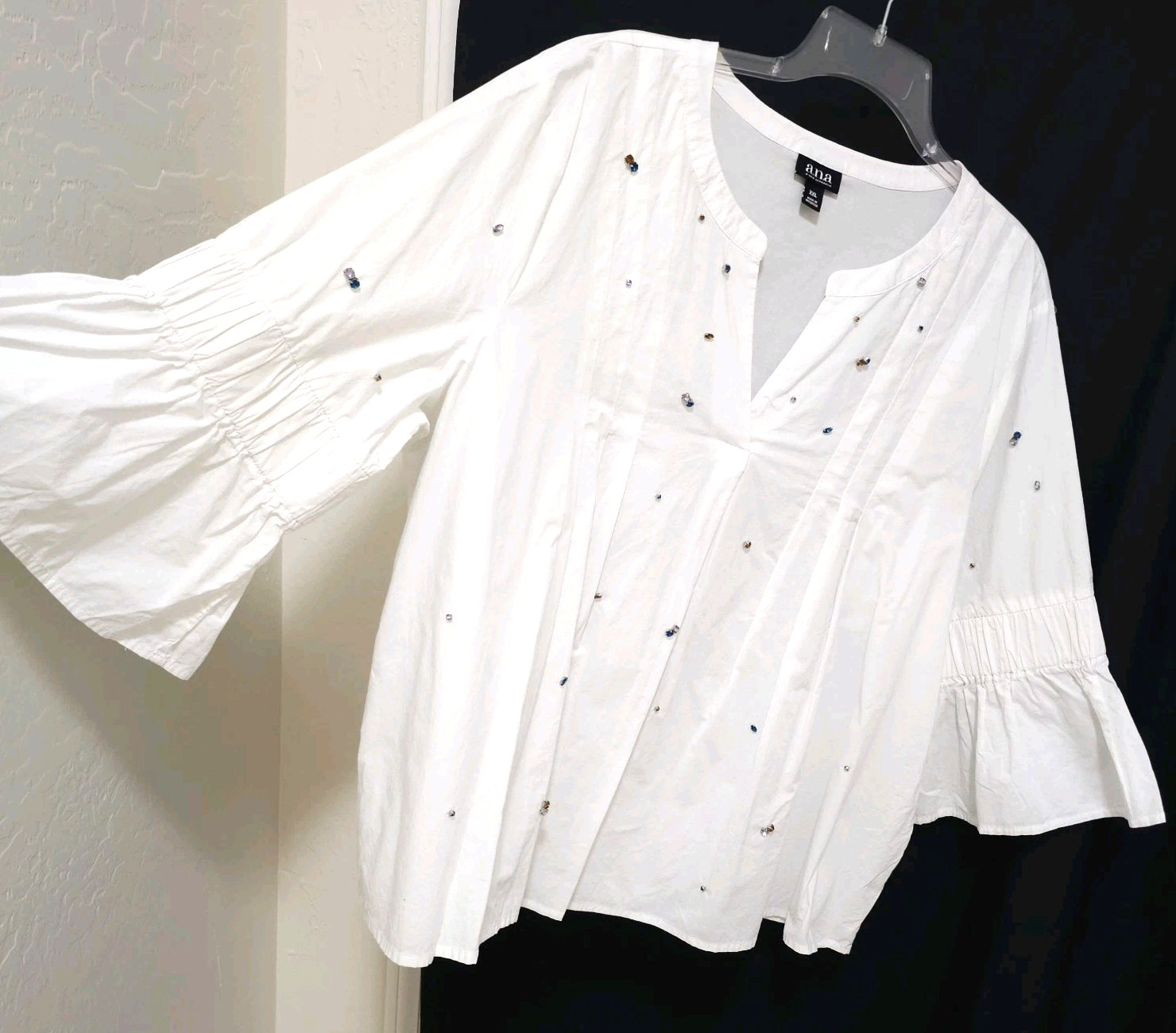 a.n.a 100% COTTON Peasant BOHO Shirt Top PLUS 2X XXL WHITE Rhinestones Flare Slv