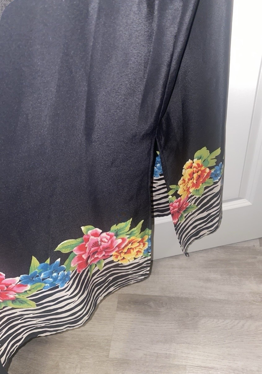 Vintage Maggie Sweet 2XL Black Midi Shift Dress Sleeveless Floral Zebra Slit 90’