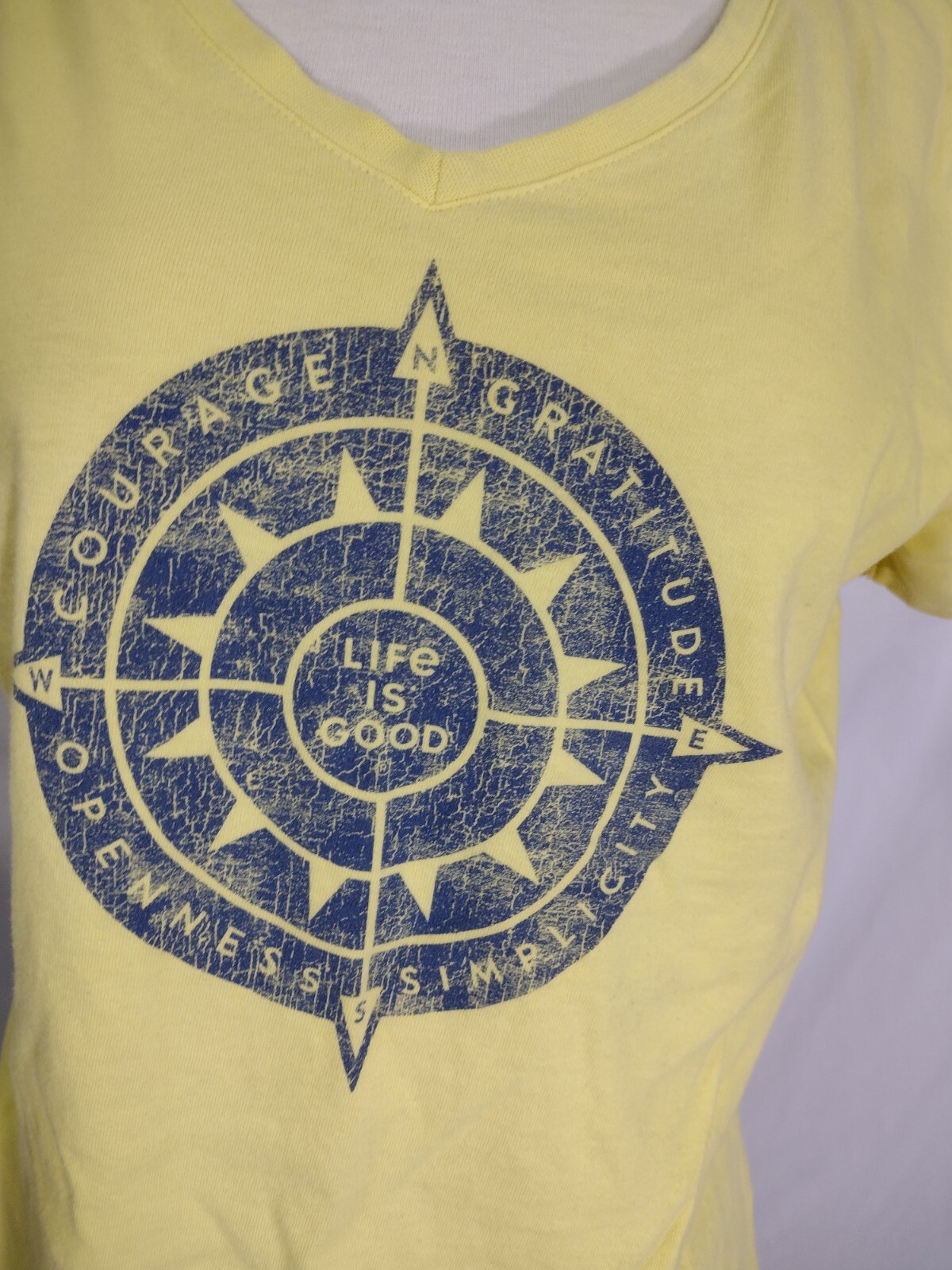 LIFE IS GOOD Womens T Shirt Yellow Chiffon SS Cotton Crusher Compass Graphic Med