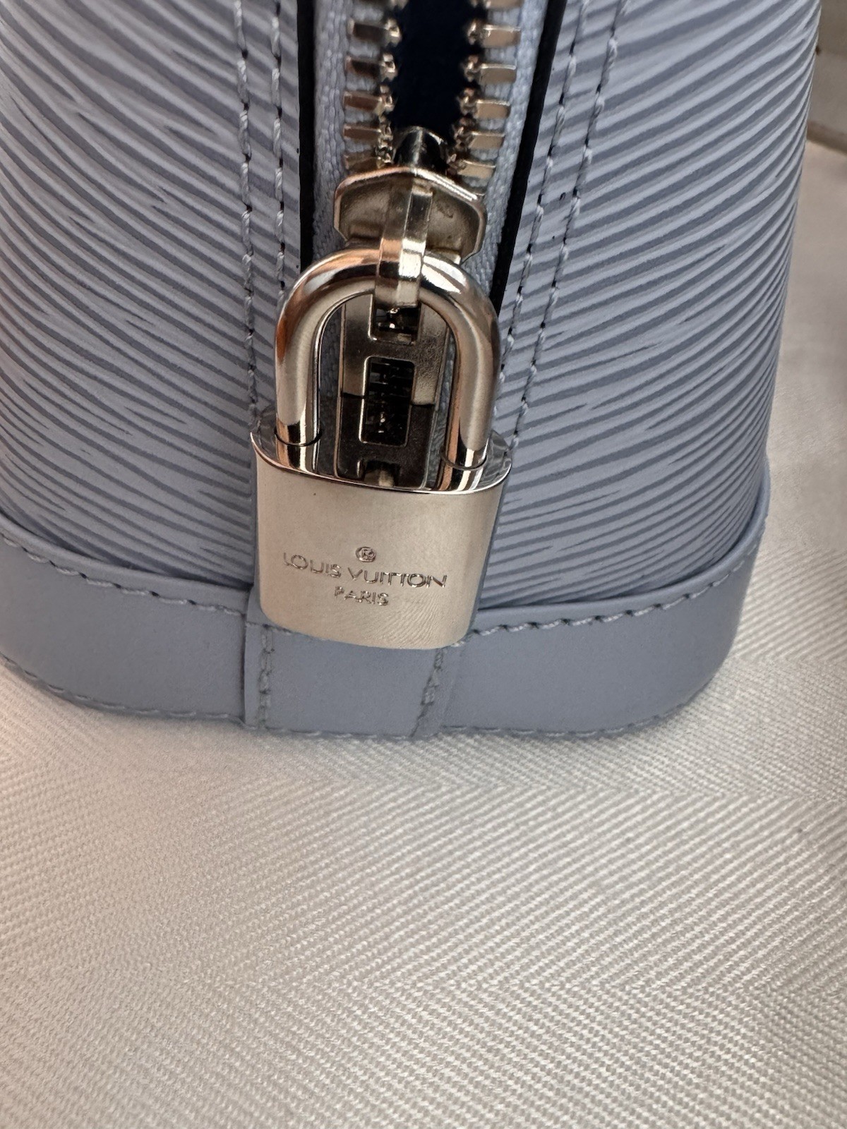 Louis Vuitton Alma Top Handle Bag BB Light Blue Epi Zip w/ Strap & Lock