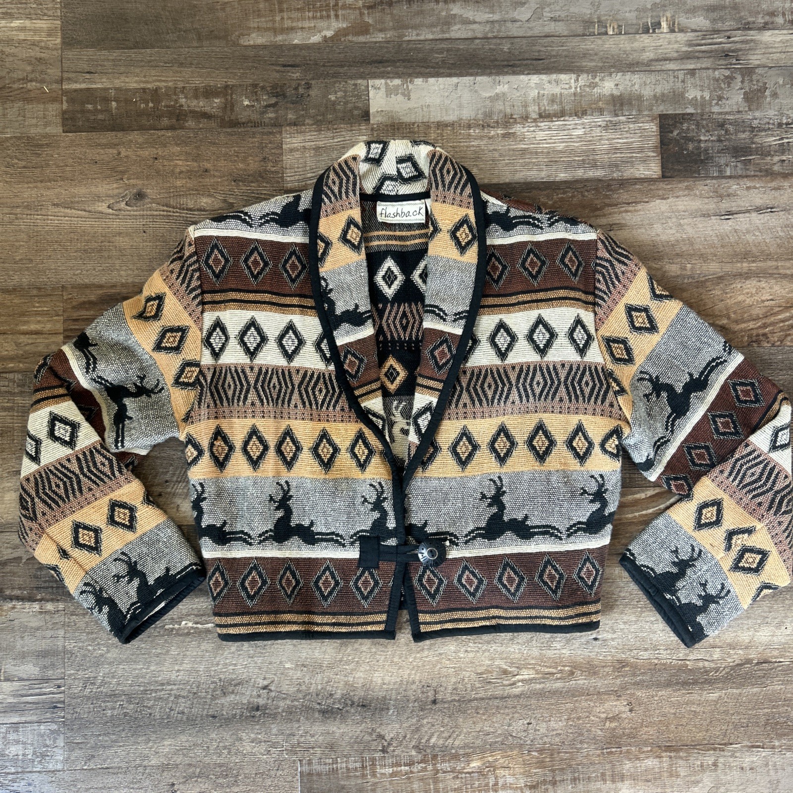 Vtg Flashback Tapestry Aztec Jacket Small Southwestern Cropped Deer Western Y2K