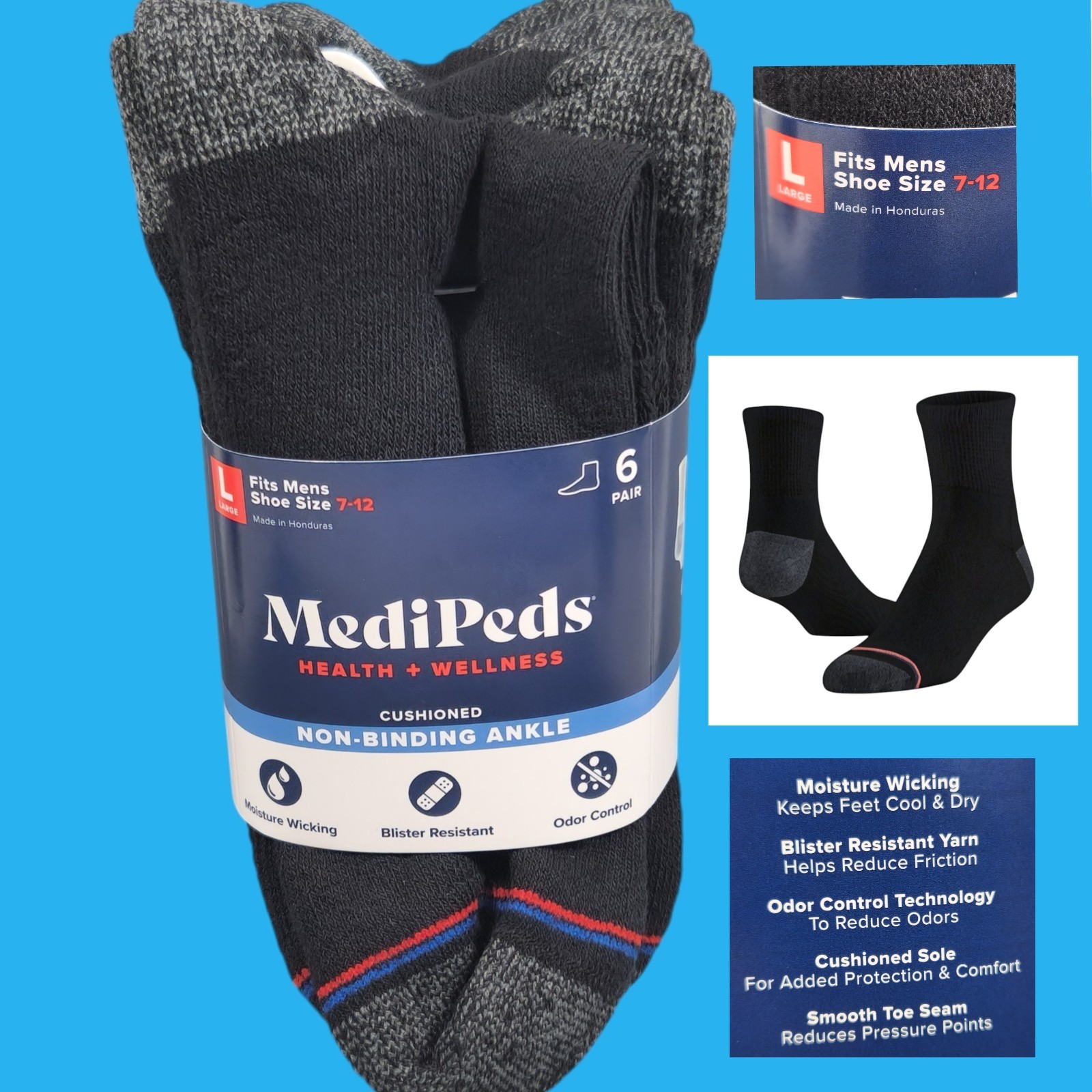 6 Pack MediPeds Health & Wellness Cushioned Non Binding Men’s Above Ankle Socks