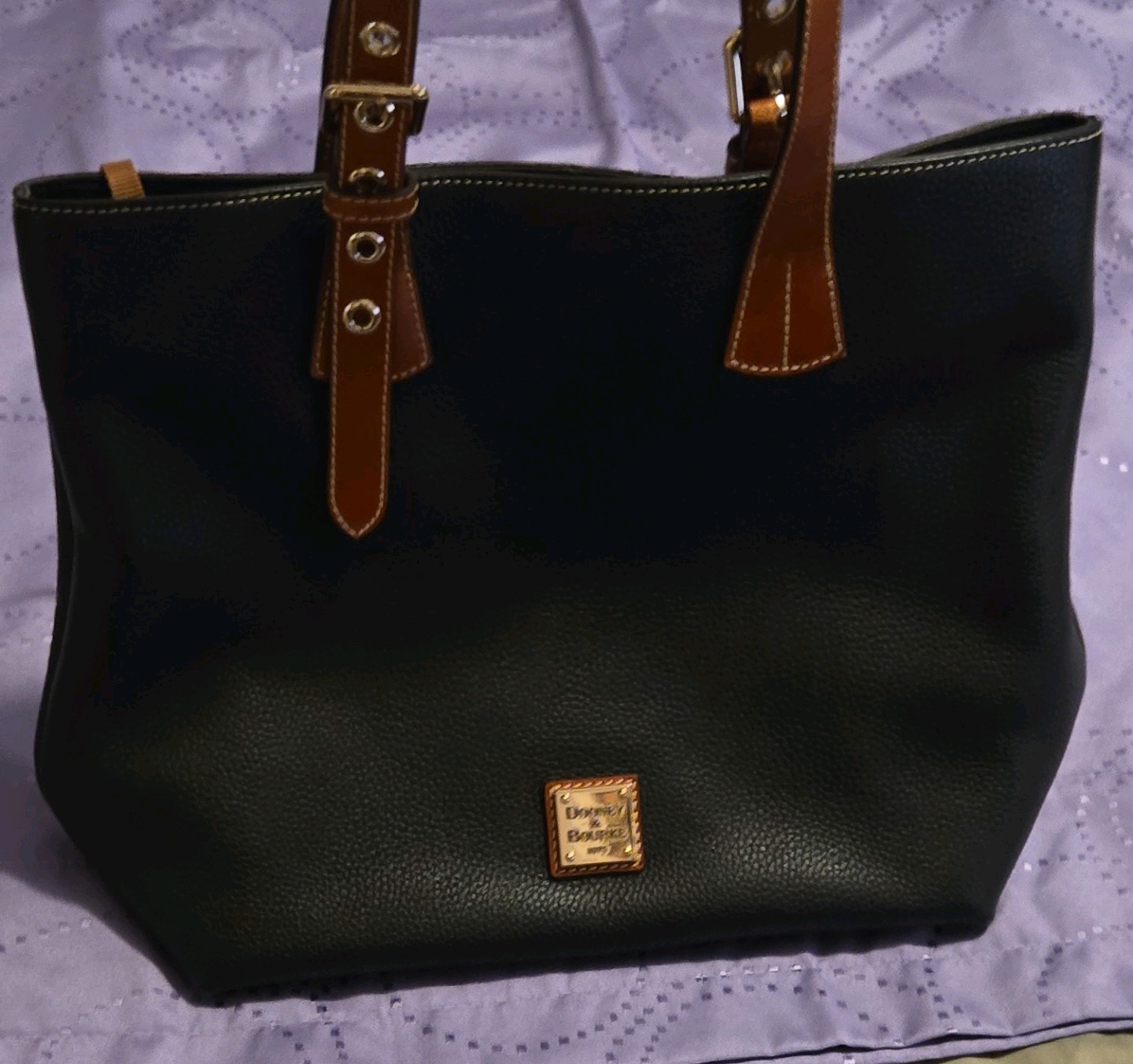 Dooney & Bourke Large Black Tote Zip Top Brown Double Handles Gold Hardware