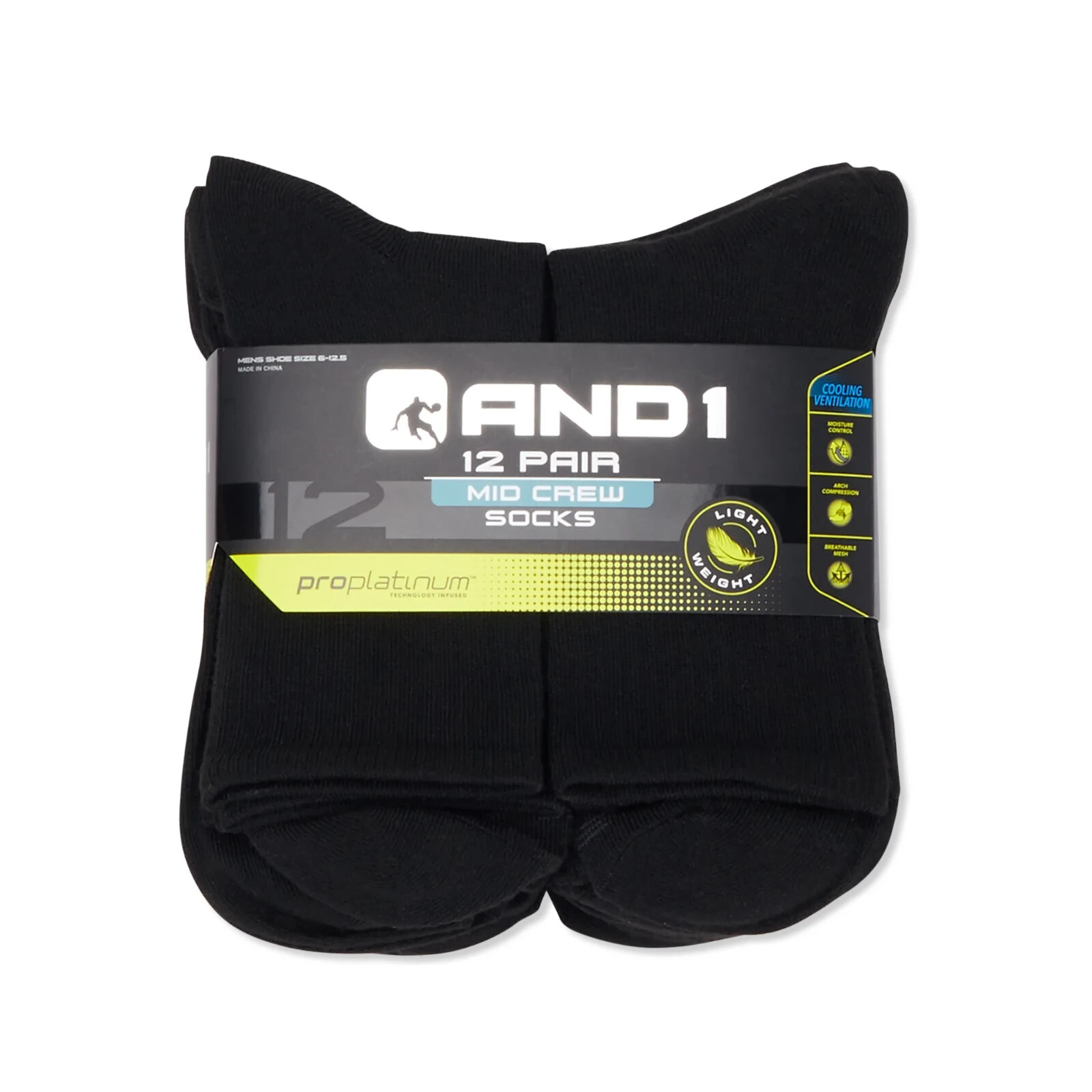 AND1® Men’s Mid Crew Socks 12 pack ARCH COMPRESSION~ Reinforced Heel and Toe