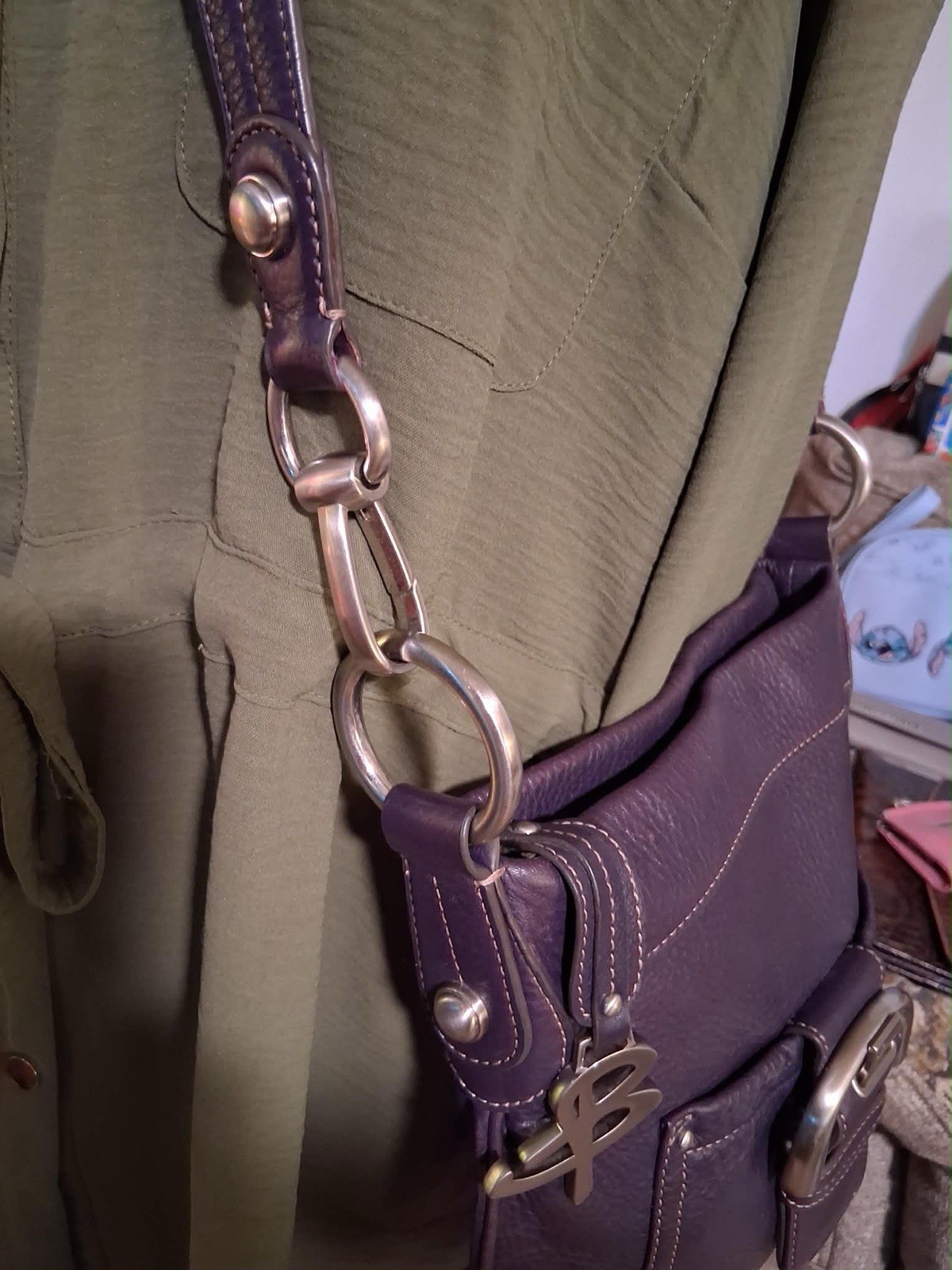 B. Makowsky Purple Soft Pebbled Leather Crossbody Animal Lining w Charm Silver