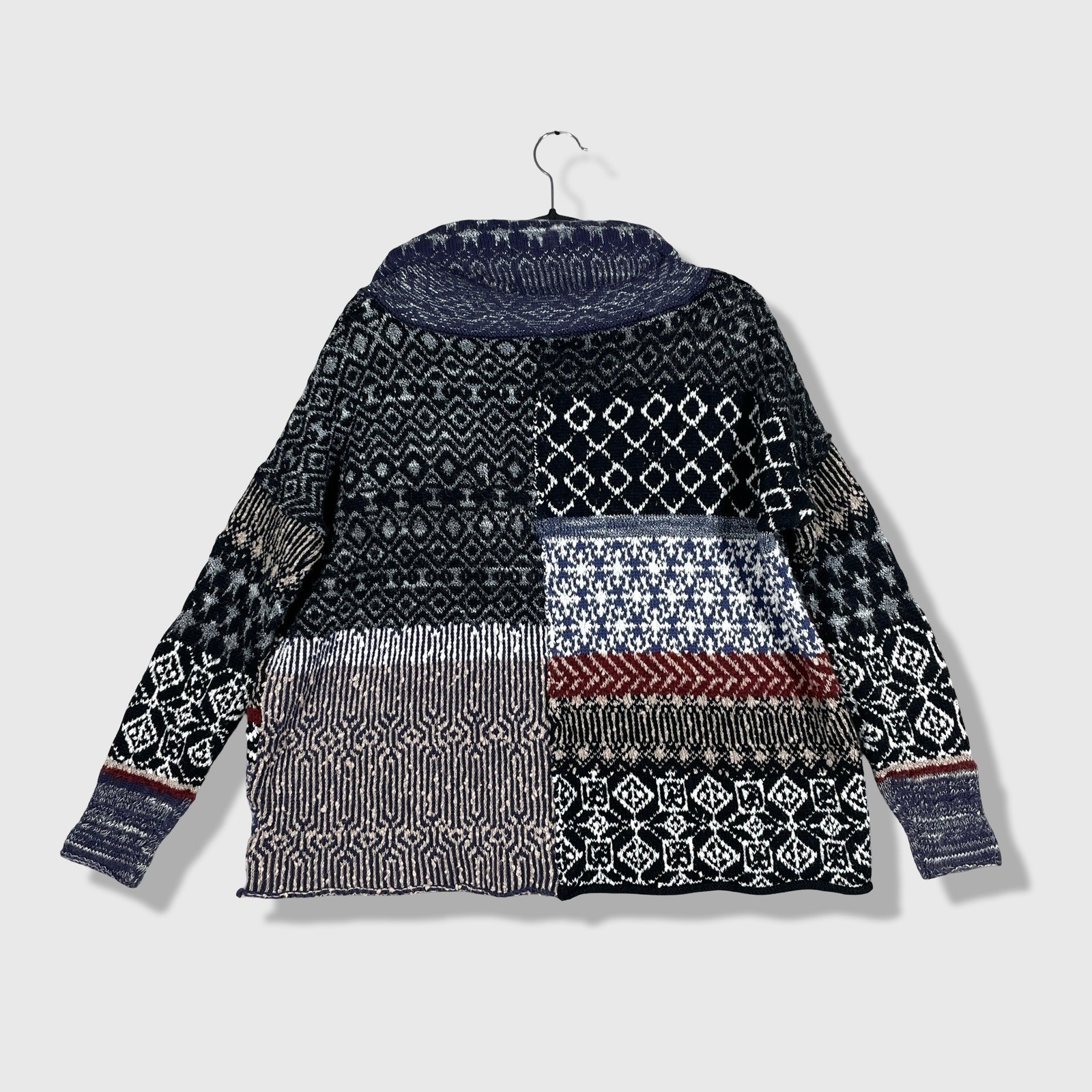 Free People Pullover Sweater Womens XS Blue Fair Isle Patchwork Boho Cowl Neck