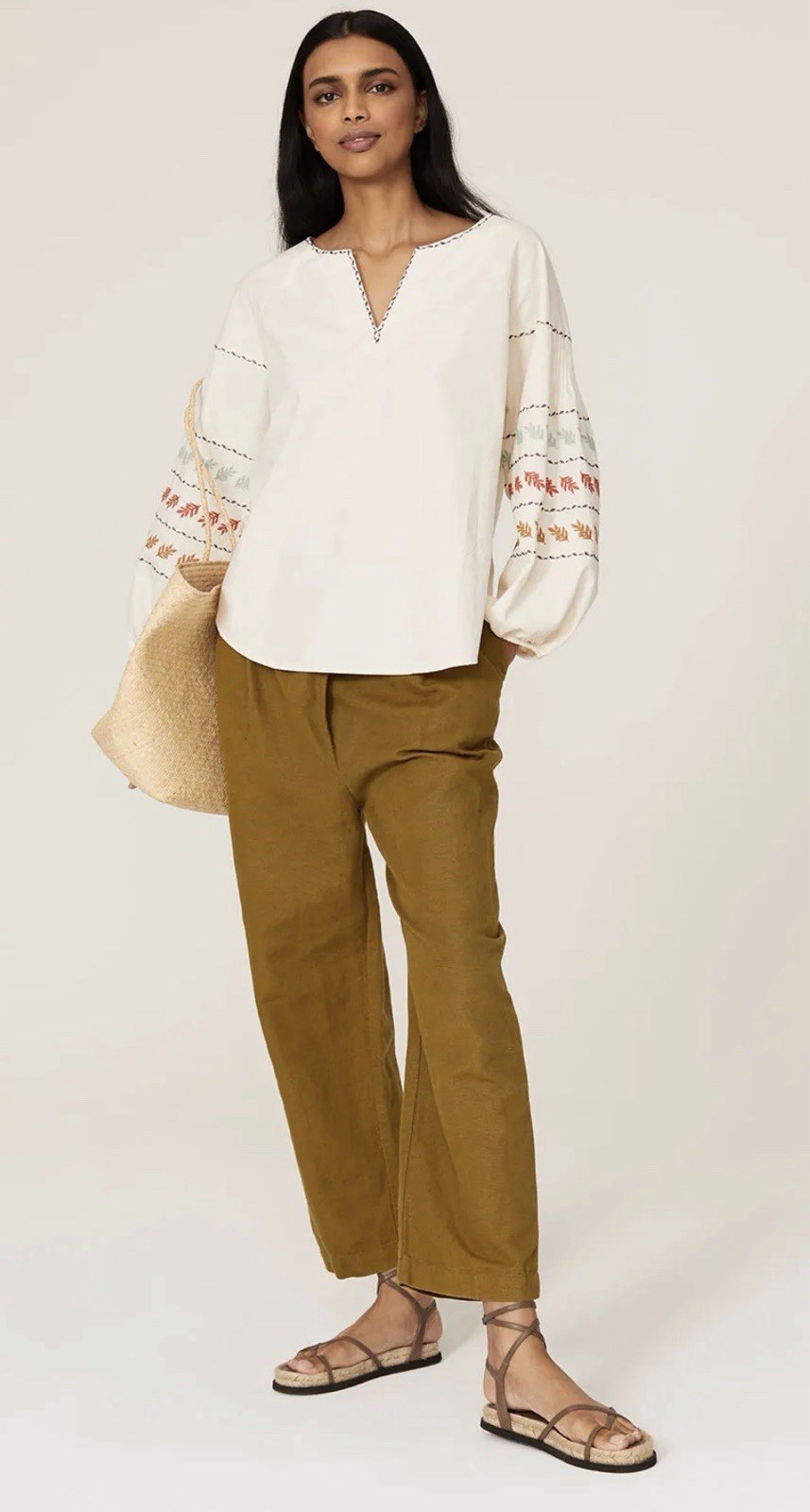 Madewell Ivory Multicolor Embroidered Peasant Blouse V-Neck Balloon 3/4 XS