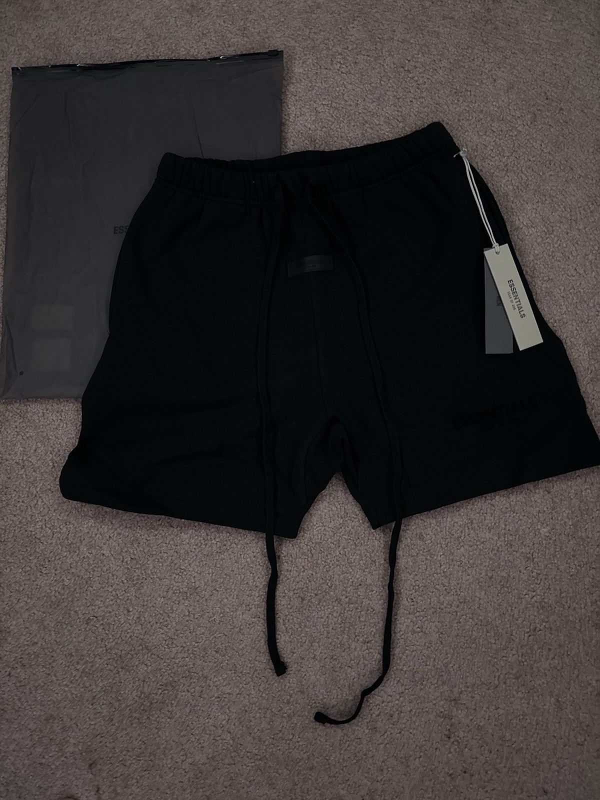 Essentials Men’s Black Solid Sweat Shorts Drawstring Elastic Waist Logo