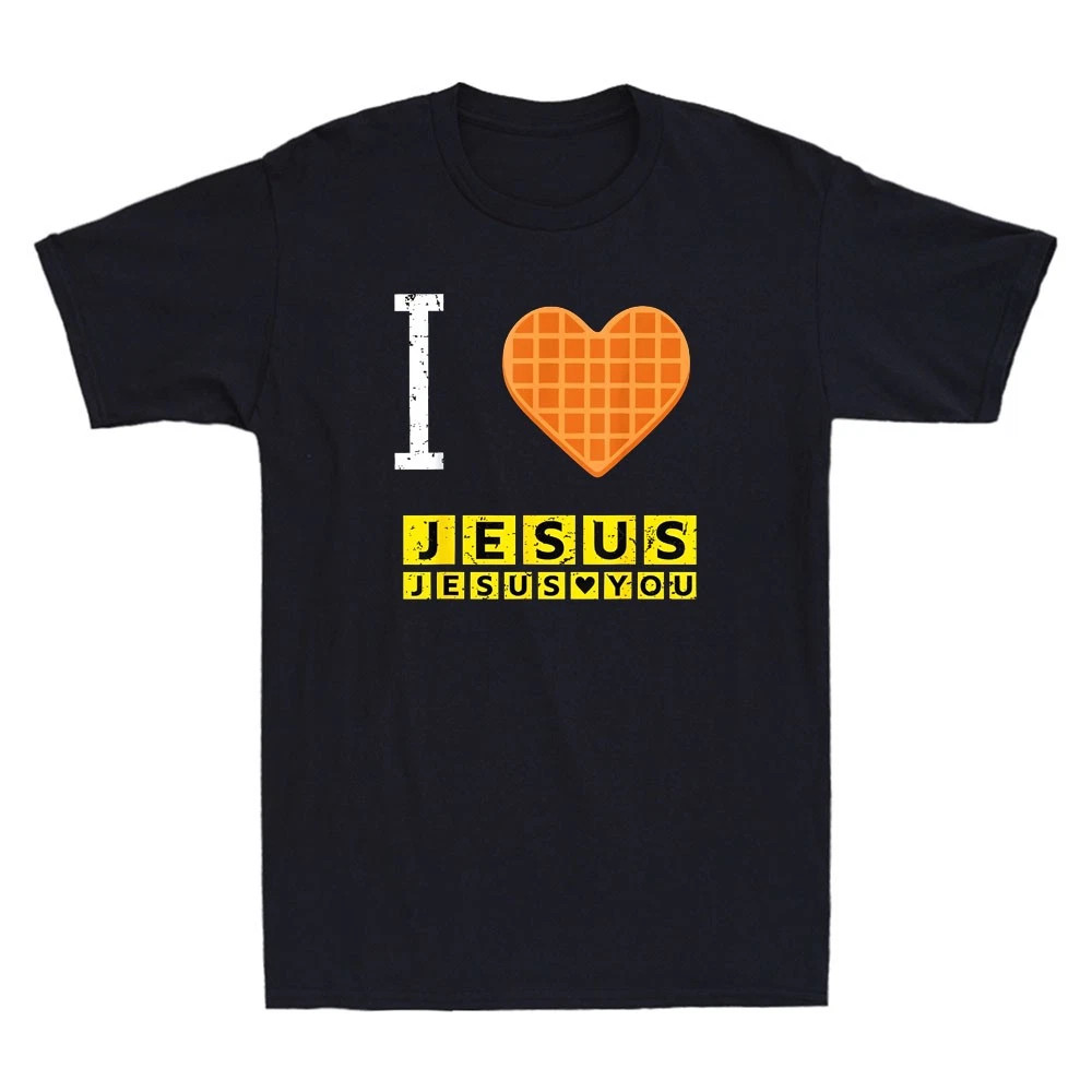 I Love Jesus Waffle Heart Funny Christian Breakfast Black T-shirt