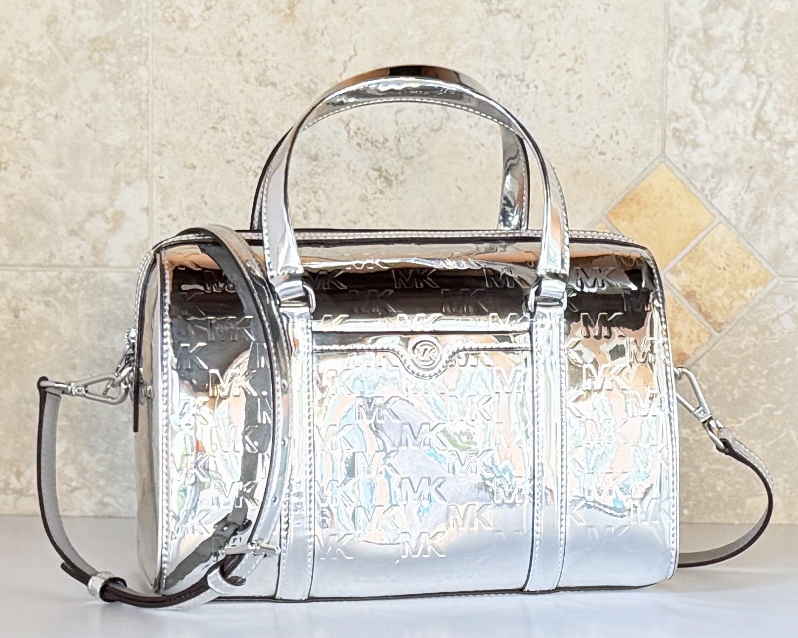 Michael Kors Travel Medium Satchel Shoulder Duffle Bag MK Mirror Metallic Silver