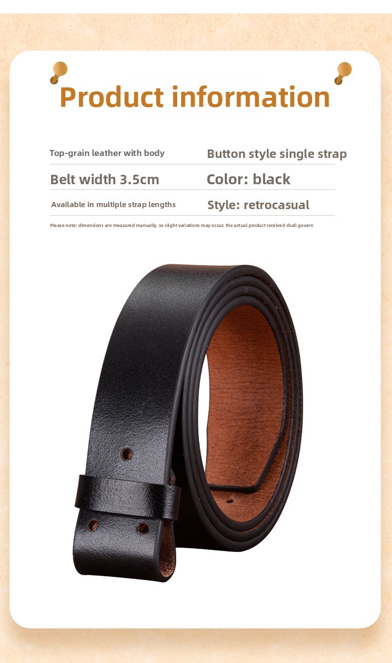 3.5cm Wide Retro Cowhide Men’s Belt Without Buckle Black Adjustable Dress Belt
